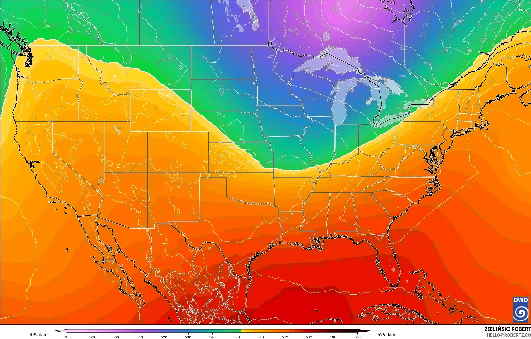 ICON modelo - Estados Unidos, Altura geopotencial a 500 hPa