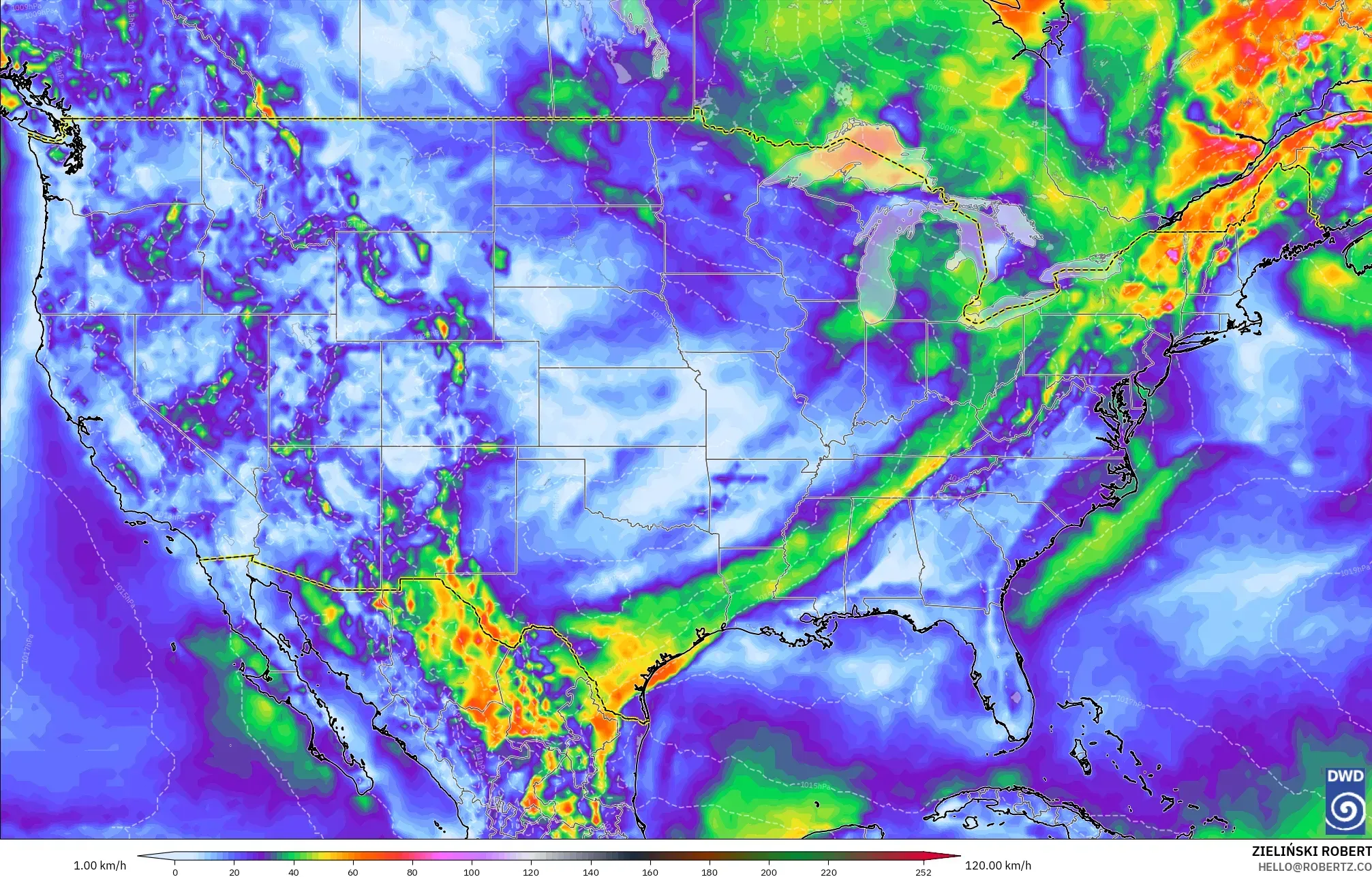 ICON modelo - Estados Unidos, Ráfagas de Viento Máximas