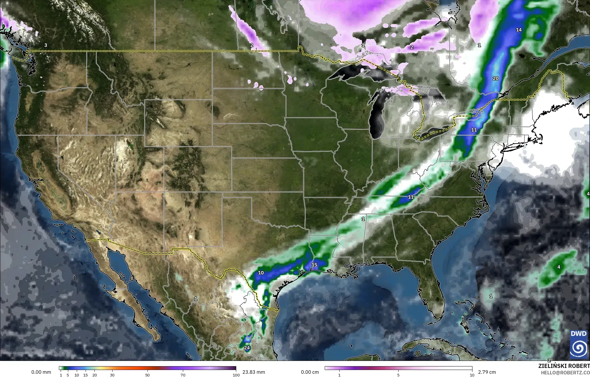 ICON modelo - Estados Unidos, Precipitación, nubes y presión