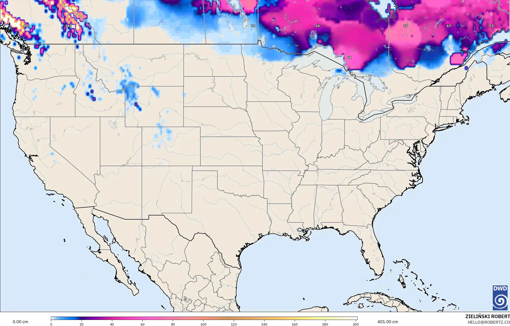 ICON modelo - Estados Unidos, Profundidad de nieve
