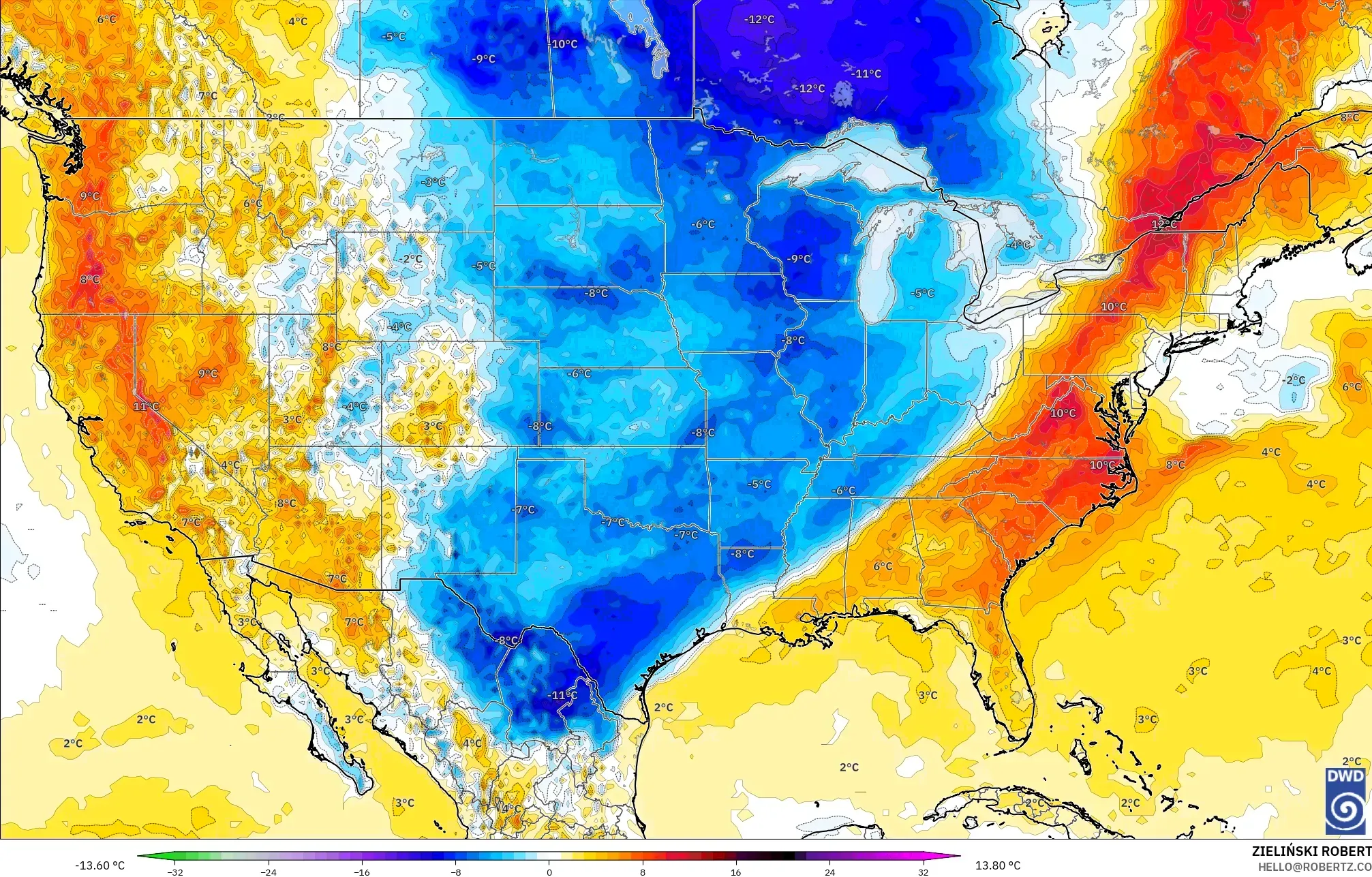 ICON modelo - Estados Unidos, Anomalía de temperatura a 2 m