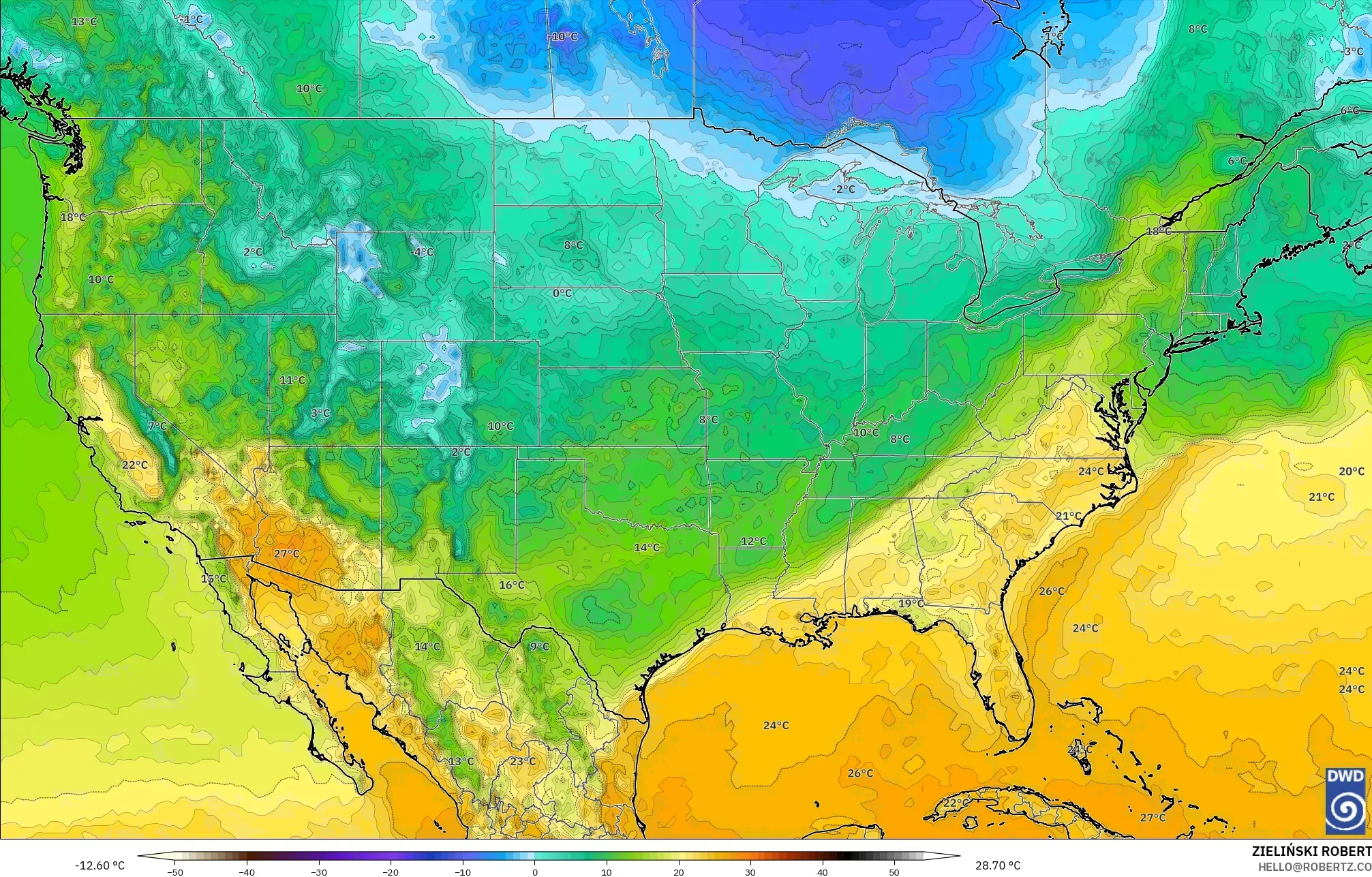 ICON modelo - Estados Unidos, Temperatura a 2 m