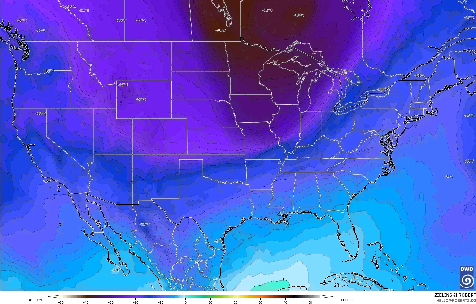 ICON modelo - Estados Unidos, Temperatura a 500 hPa