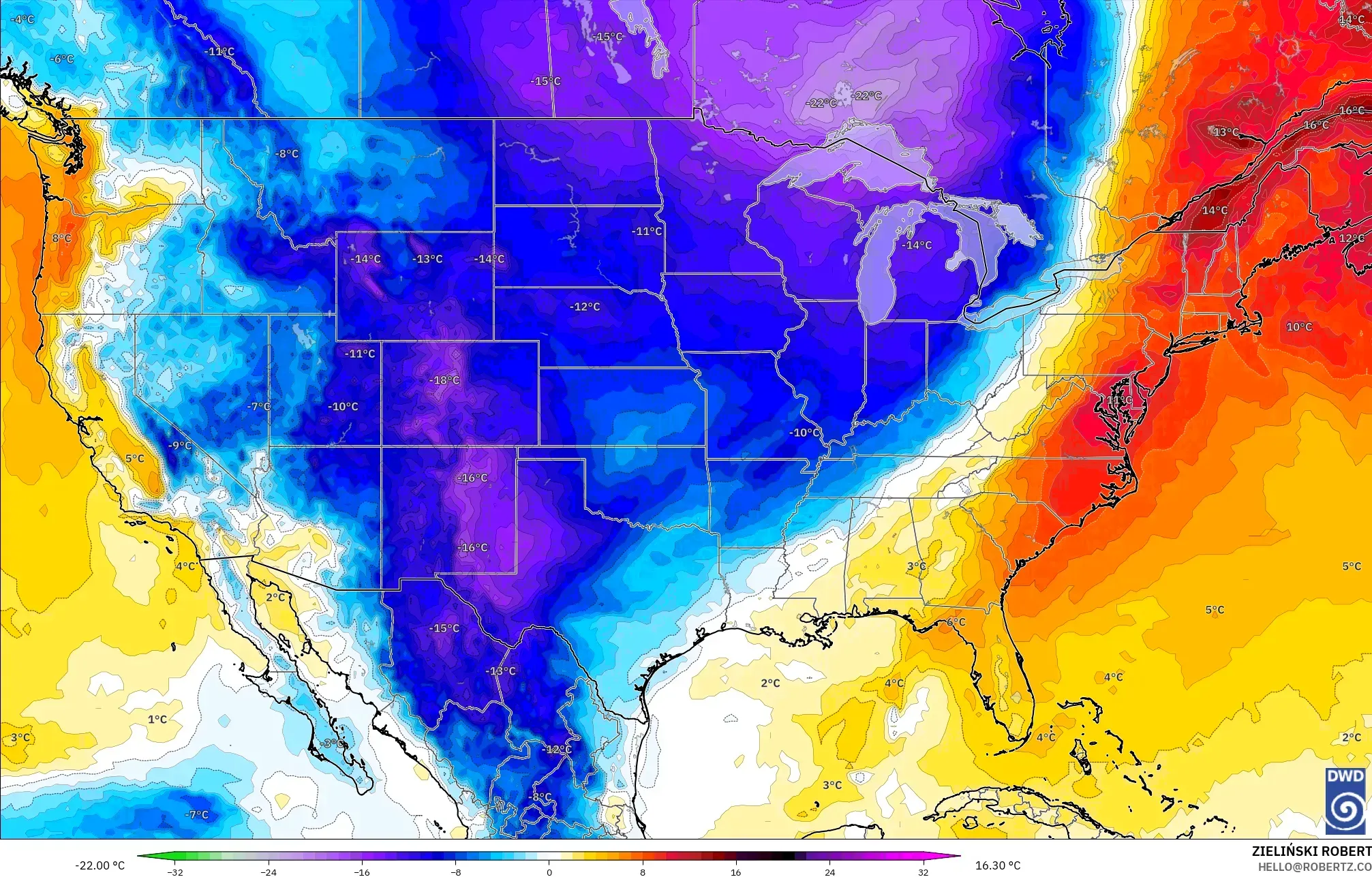 ICON modelo - Estados Unidos, Anomalía de temperatura a 850 hPa