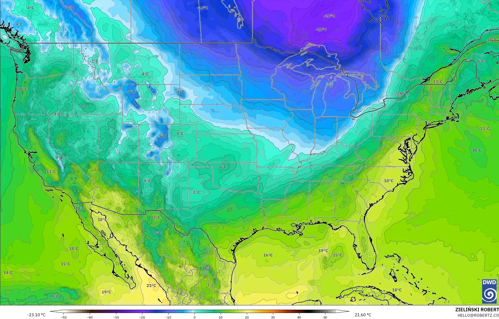 ICON modelo - Estados Unidos, Temperatura a 850 hPa