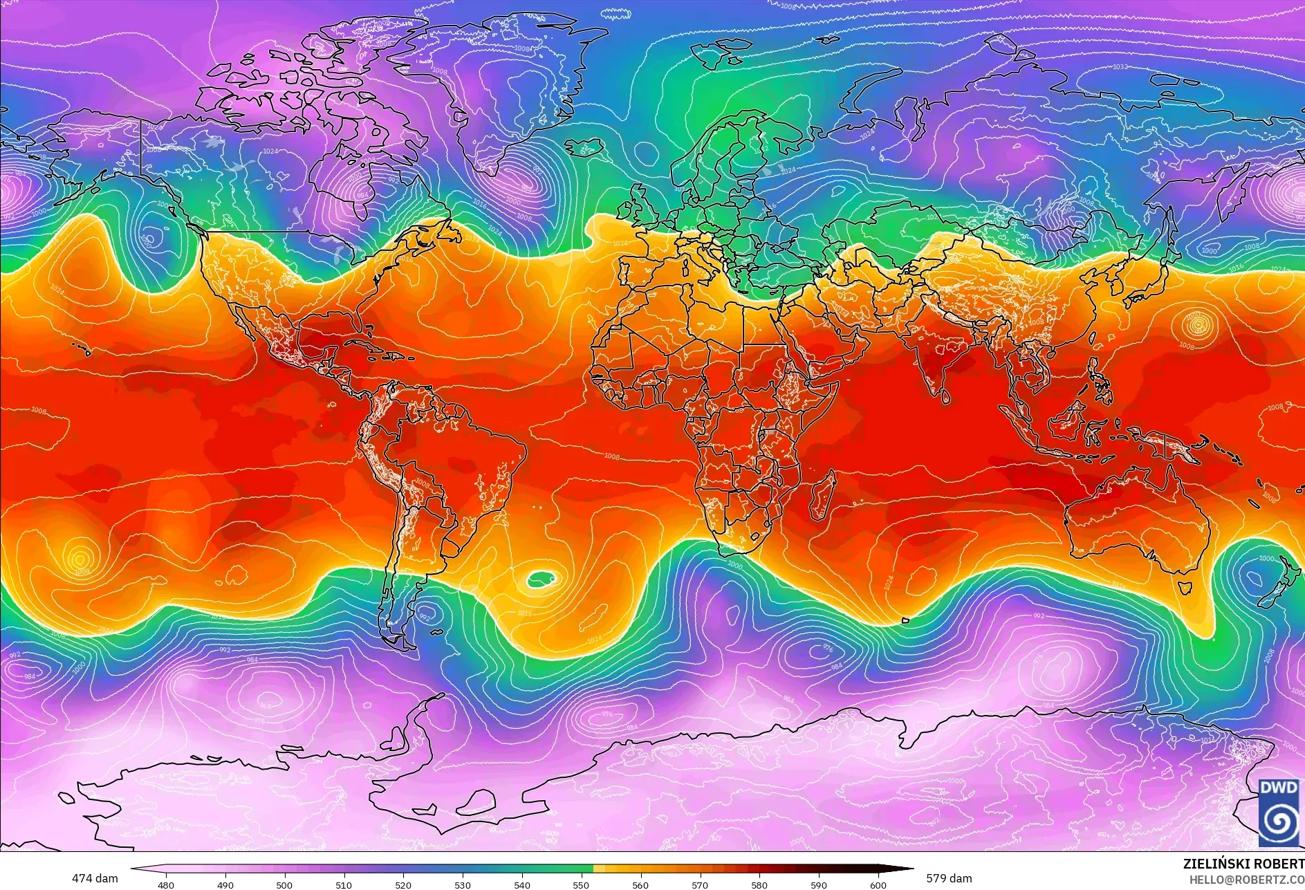 ICON modelo - Mundo, Altura geopotencial a 500 hPa