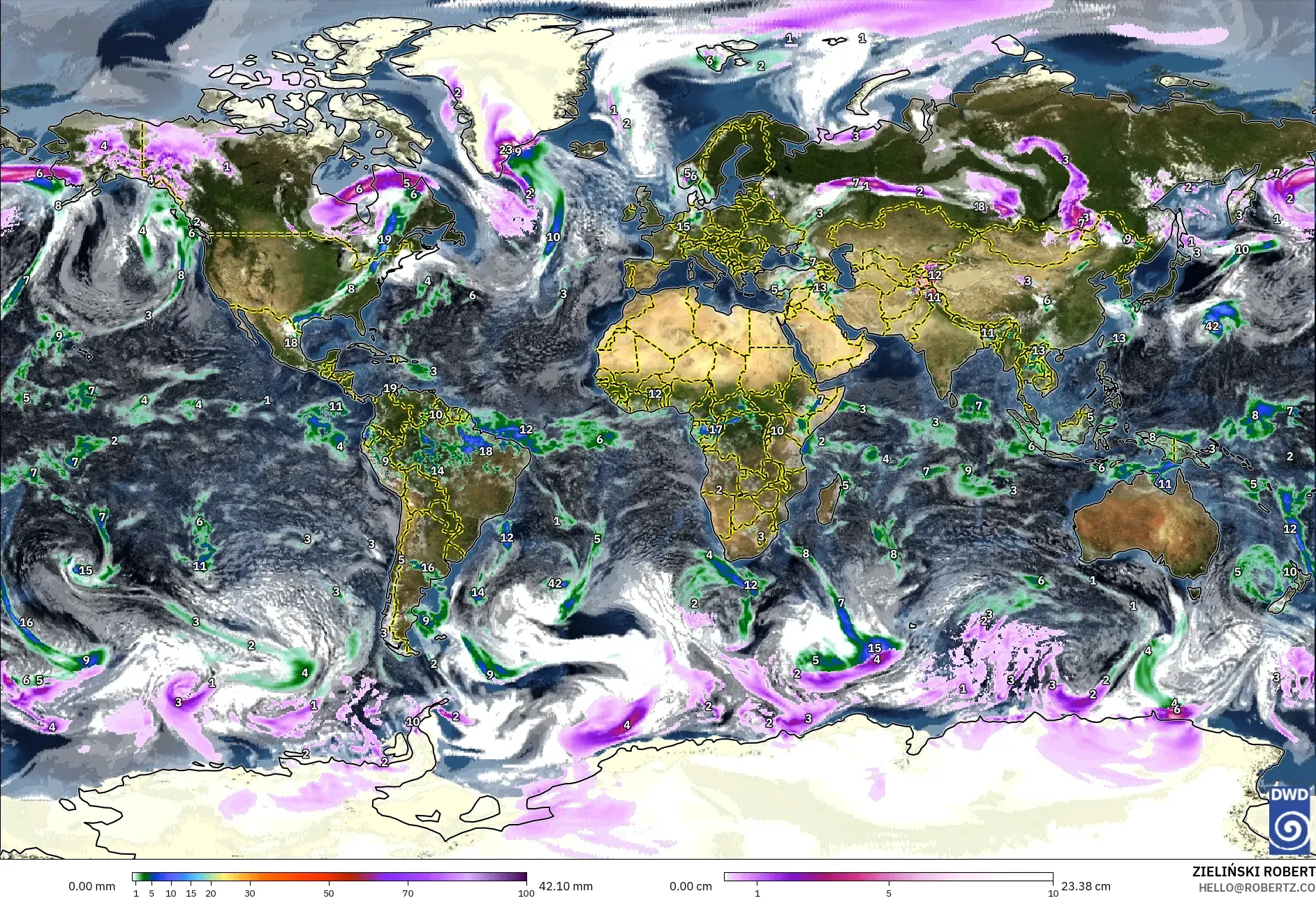 ICON modelo - Mundo, Precipitación, nubes y presión