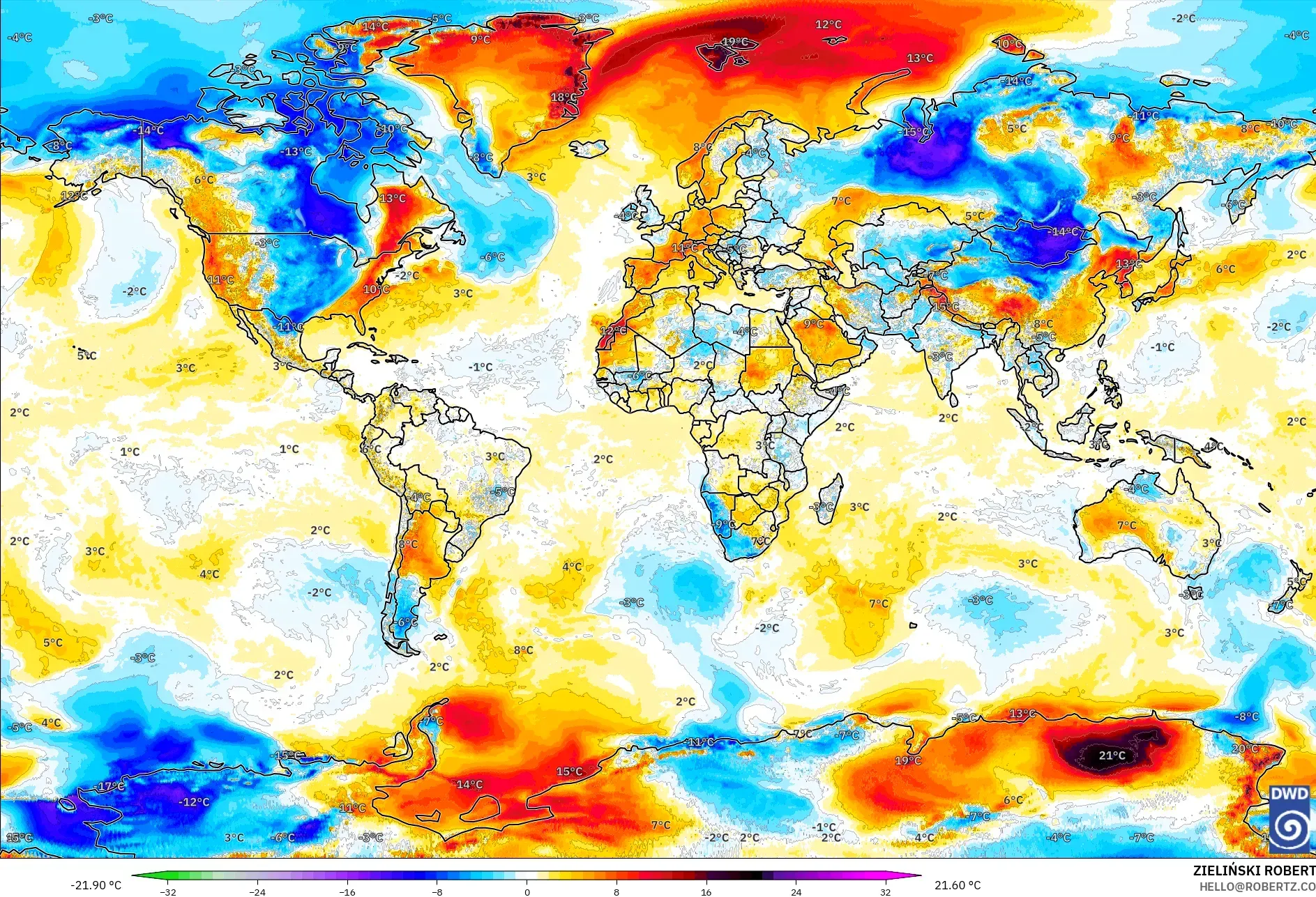ICON modelo - Mundo, Anomalía de temperatura a 2 m