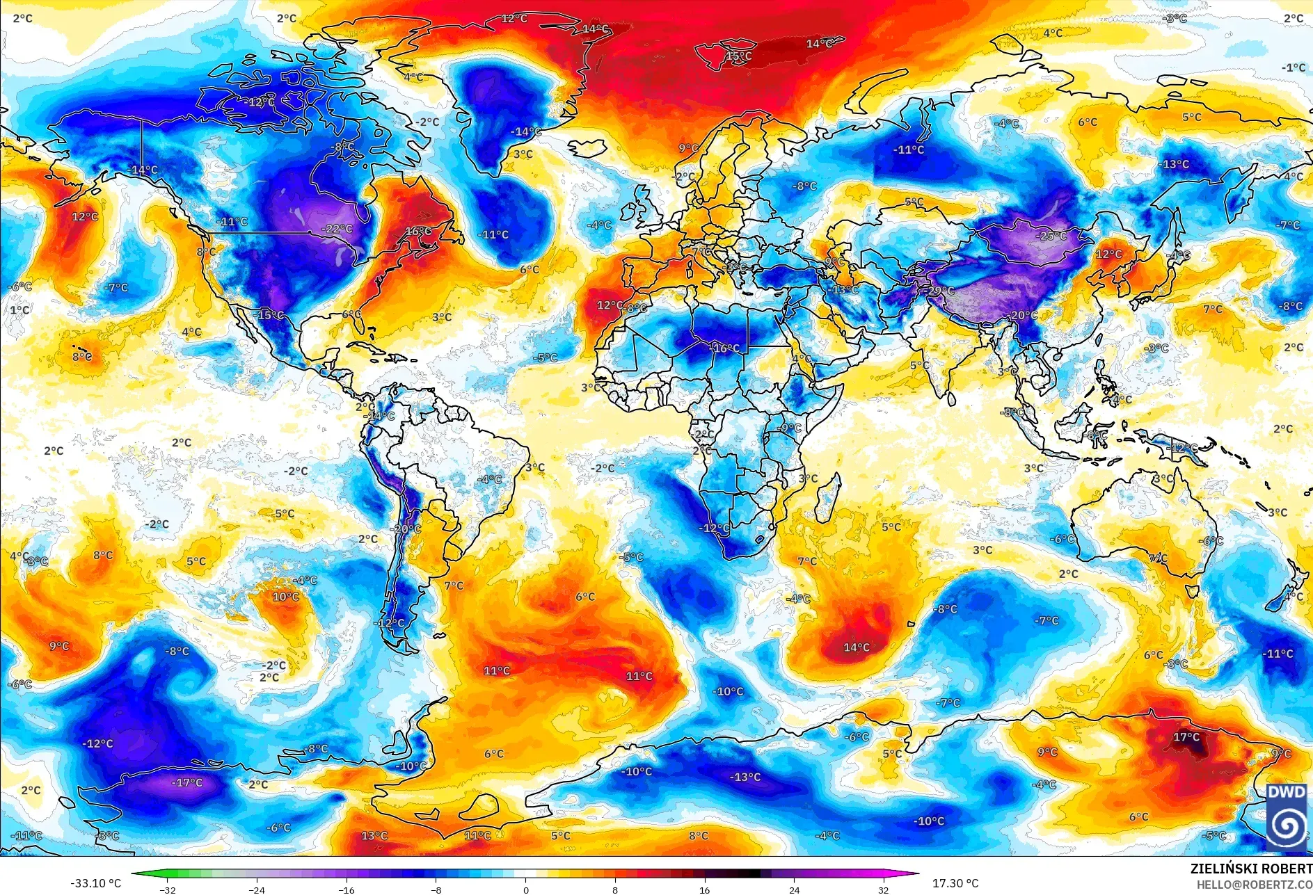 ICON modelo - Mundo, Anomalía de temperatura a 850 hPa