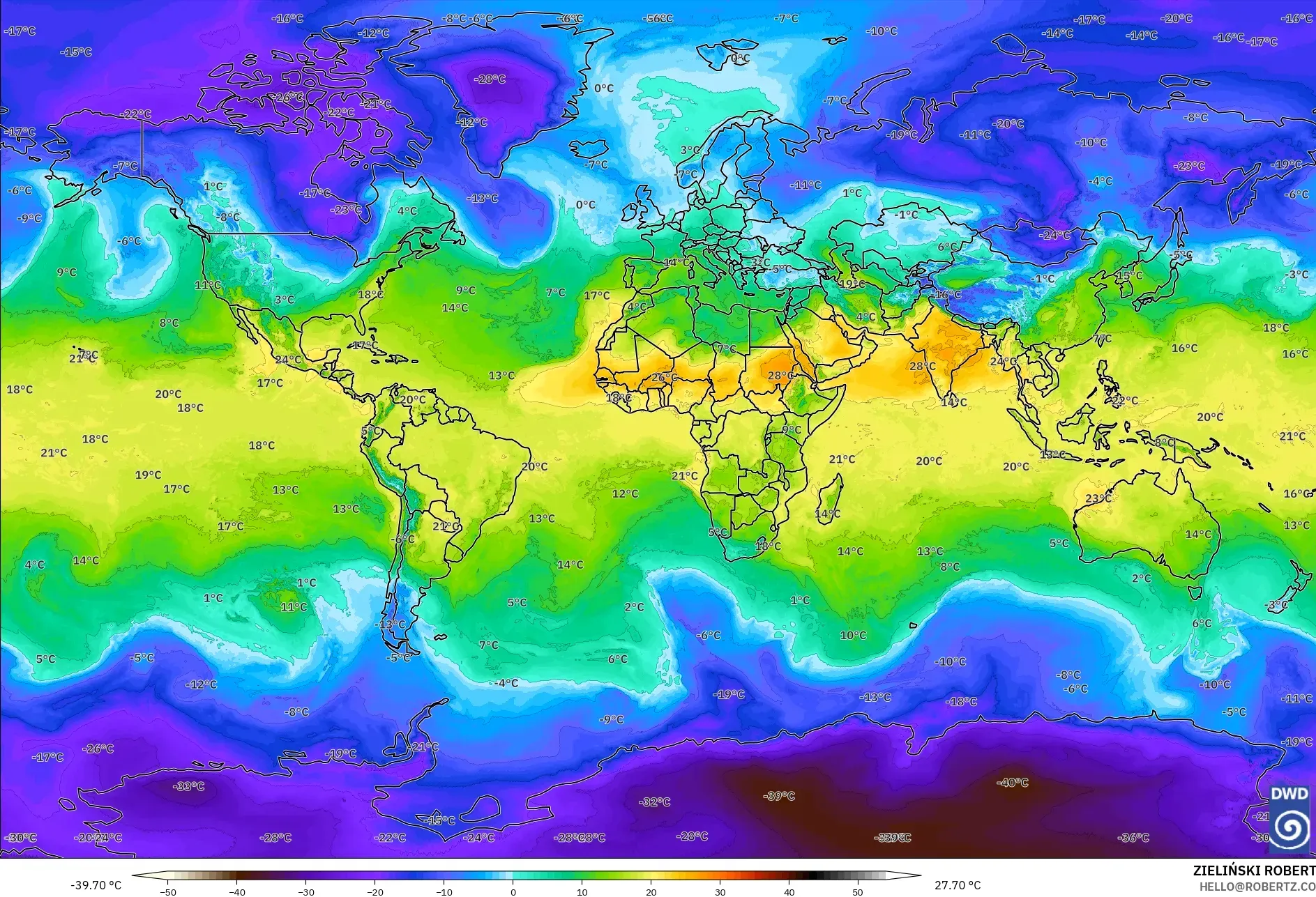 ICON modelo - Mundo, Temperatura a 850 hPa
