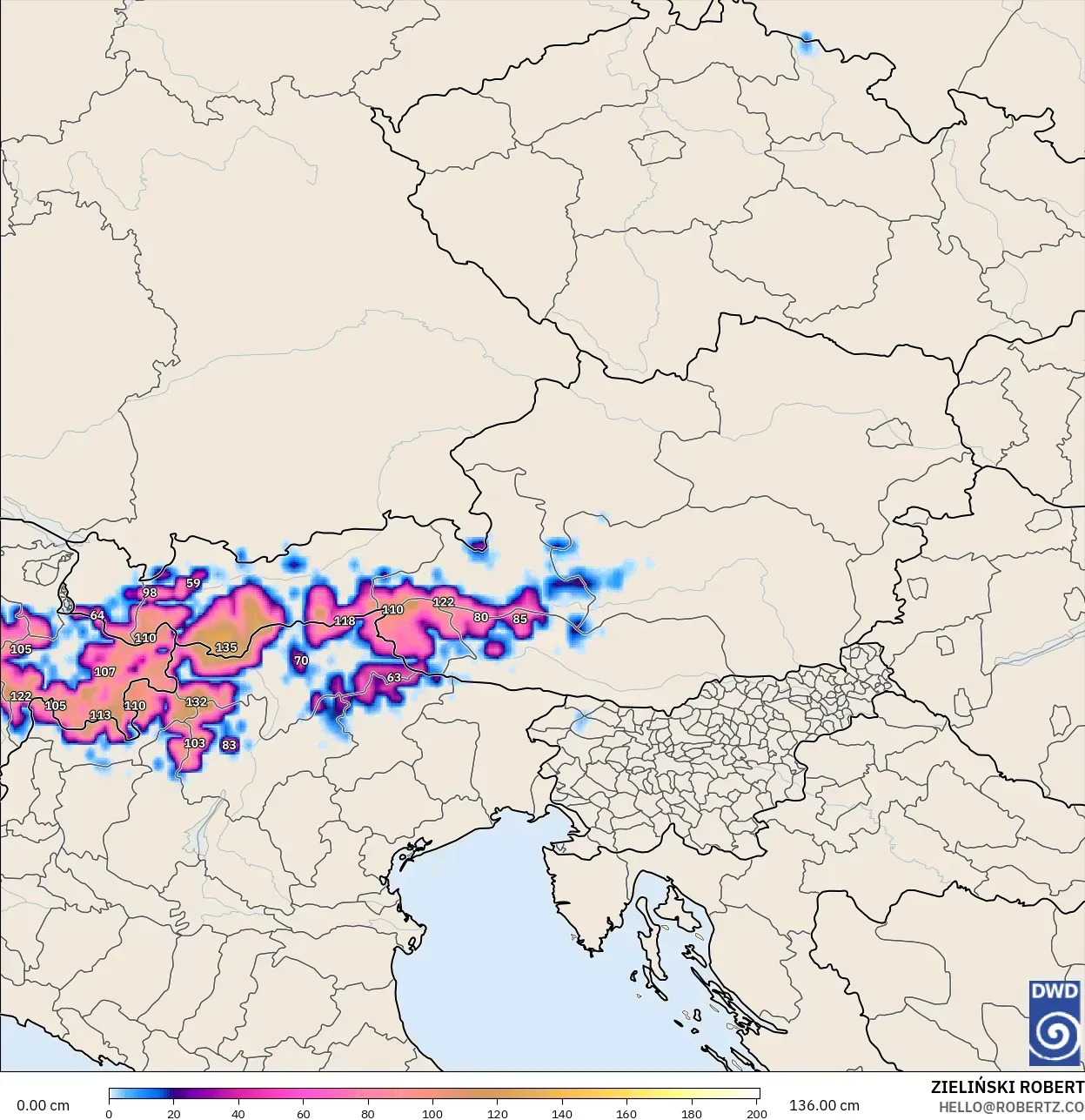 ICON modelo - Austria, Profundidad de nieve