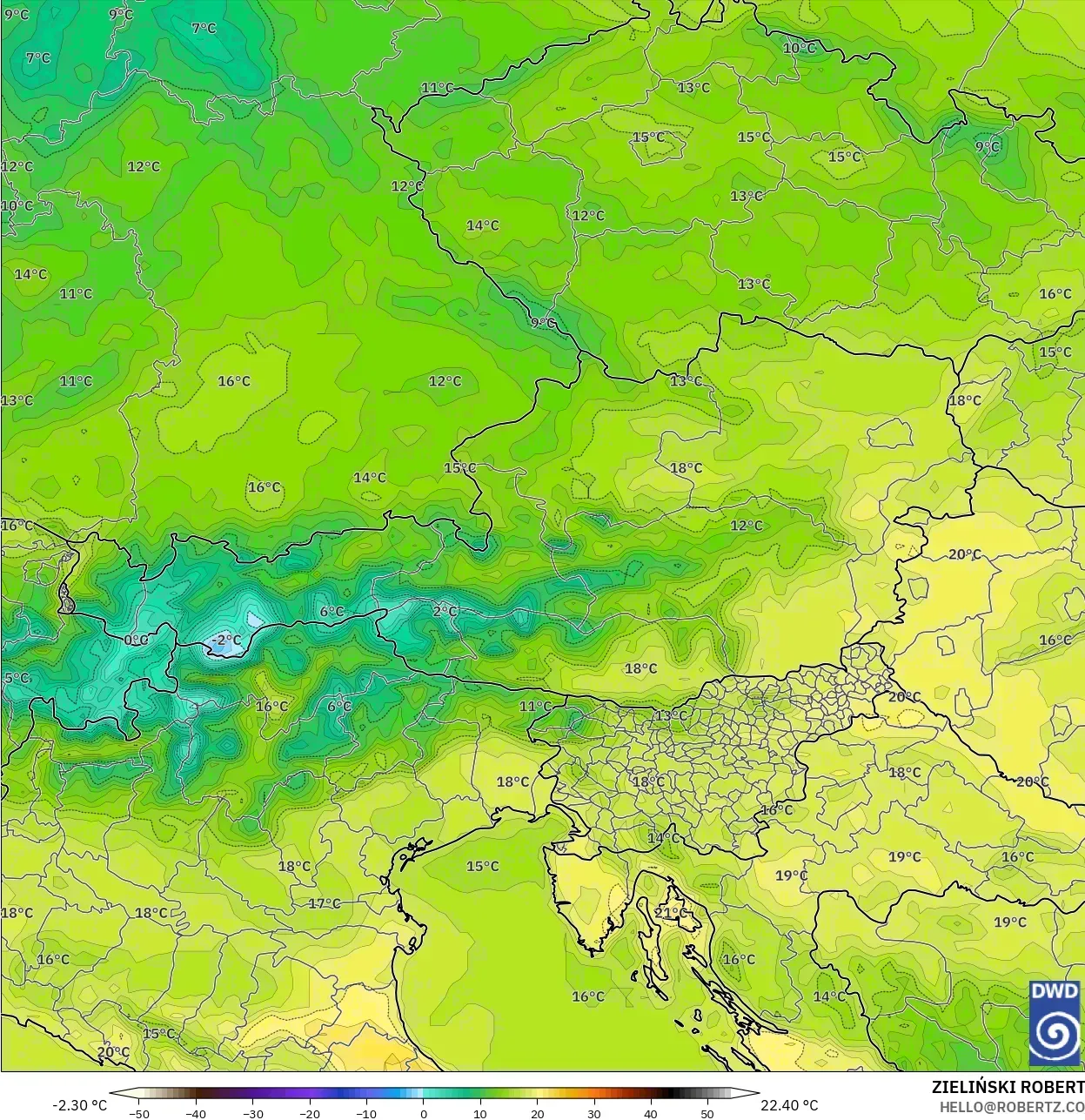 ICON modelo - Austria, Temperatura a 2 m