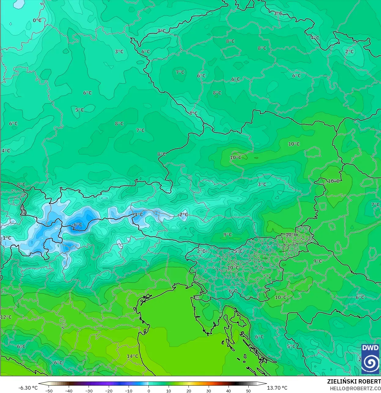 ICON modelo - Austria, Temperatura a 850 hPa