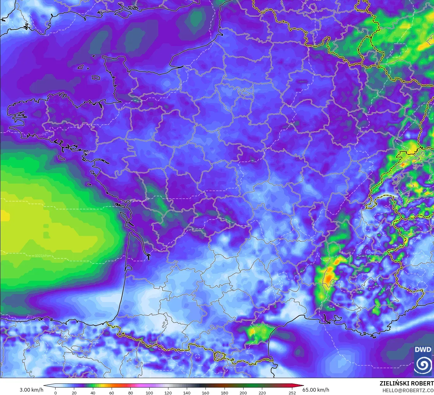 ICON modelo - Francia, Ráfagas de Viento Máximas