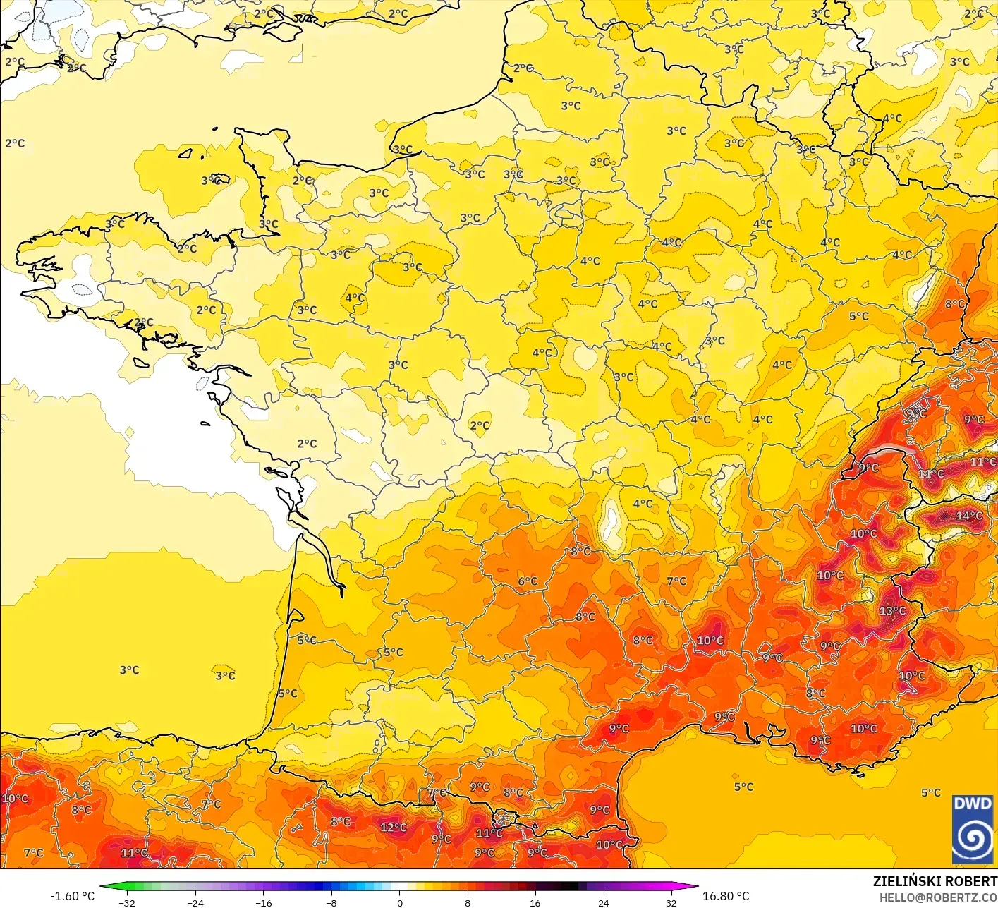 ICON modelo - Francia, Anomalía de temperatura a 2 m