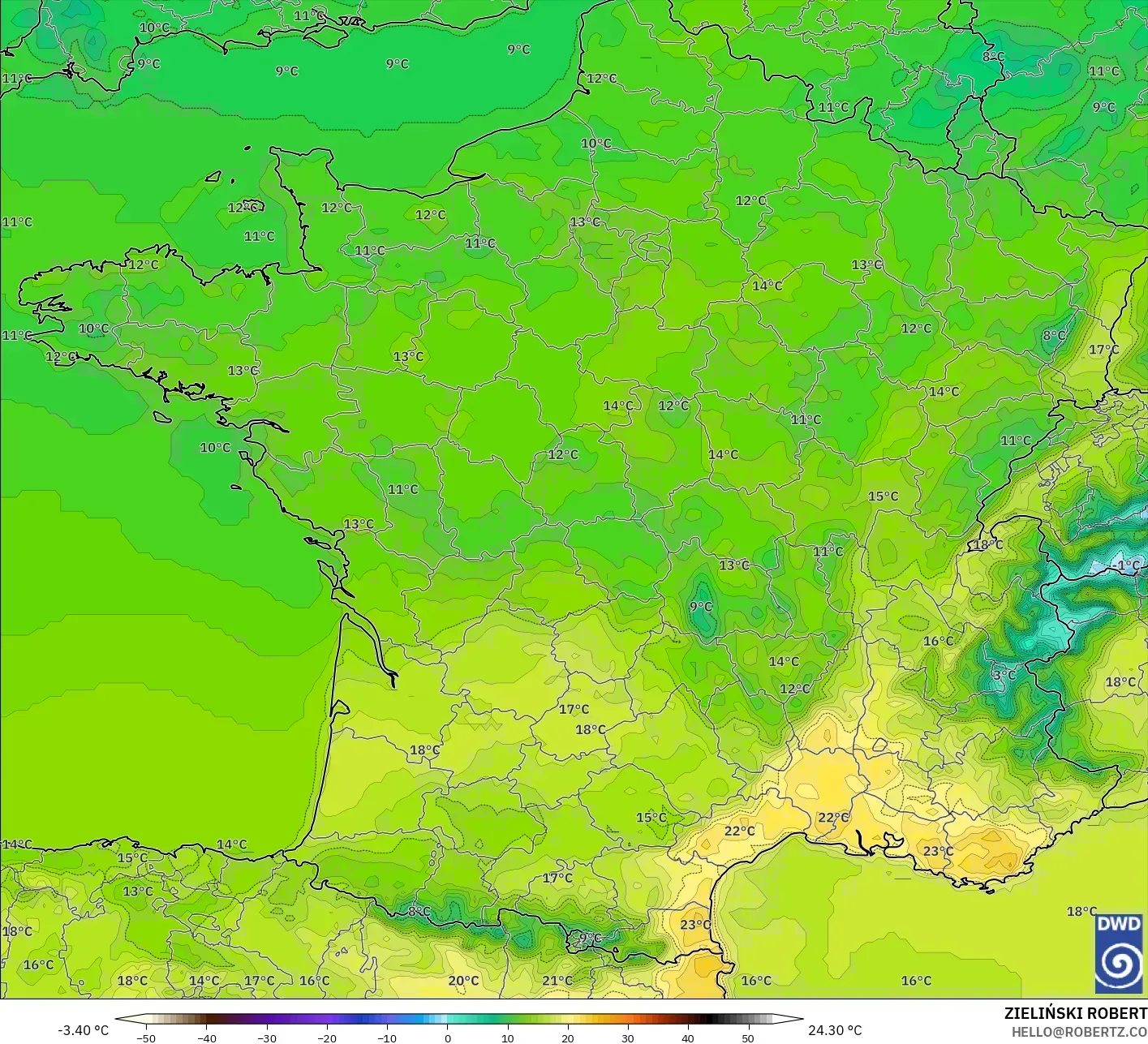 ICON modelo - Francia, Temperatura a 2 m
