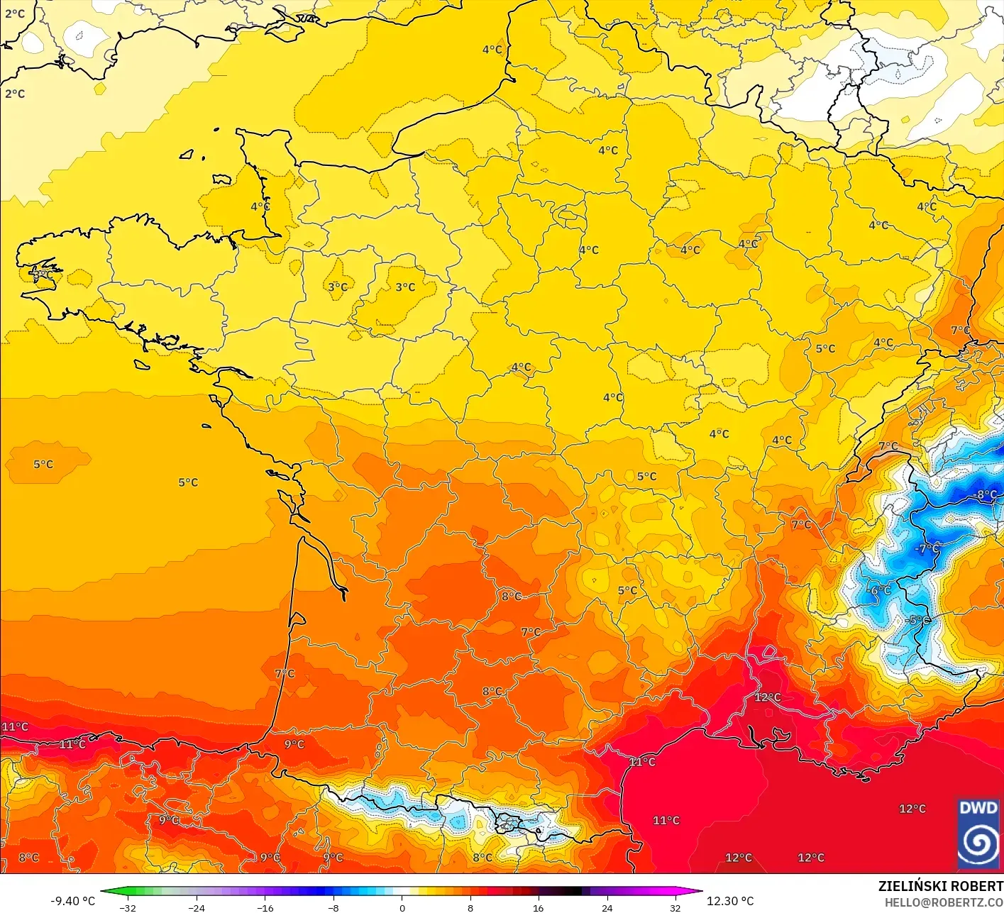 ICON modelo - Francia, Anomalía de temperatura a 850 hPa