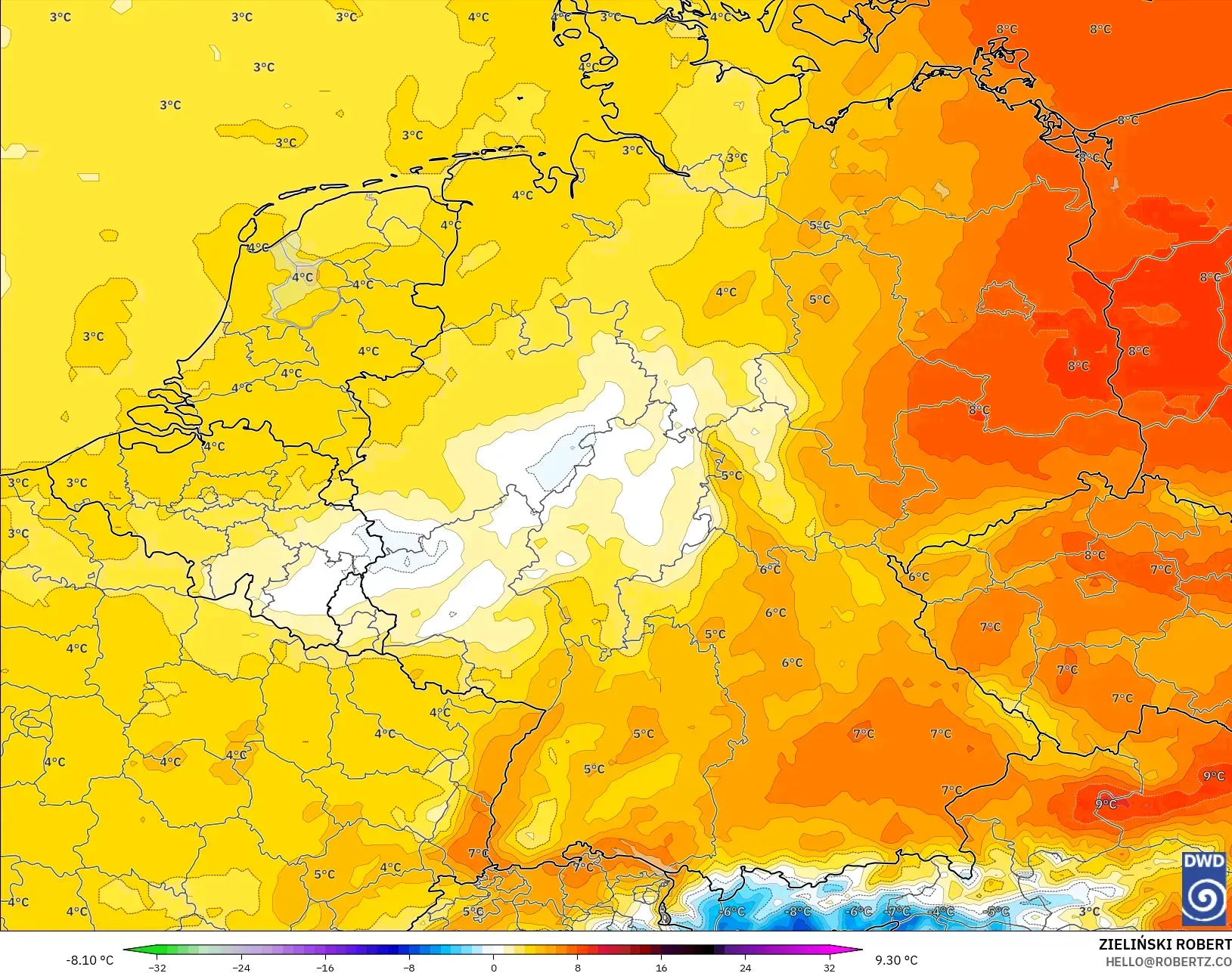 ICON modelo - Alemania, Anomalía de temperatura a 850 hPa