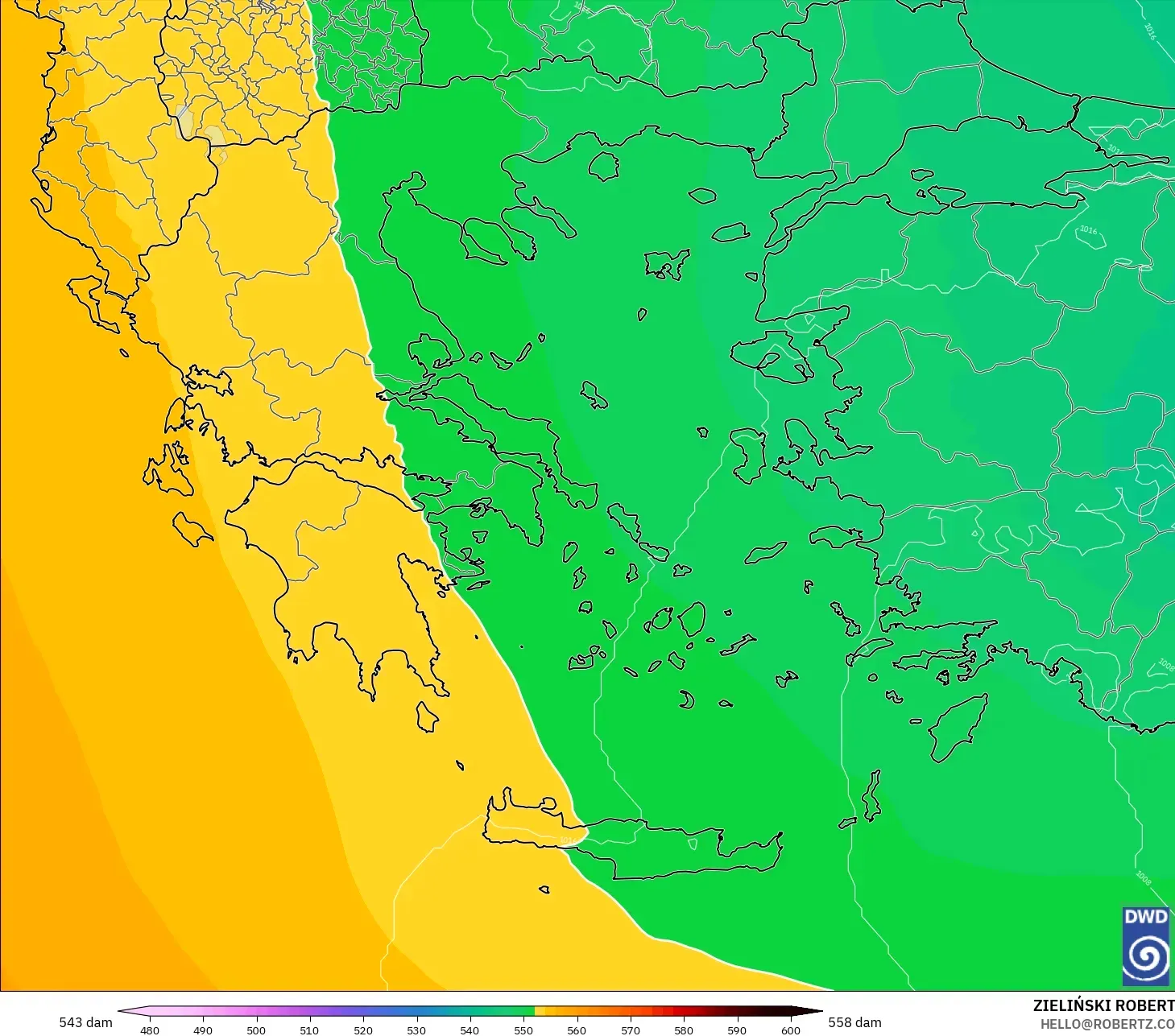 ICON modelo - Grecia, Altura geopotencial a 500 hPa