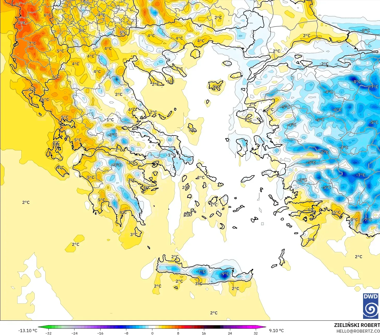 ICON modelo - Grecia, Anomalía de temperatura a 2 m