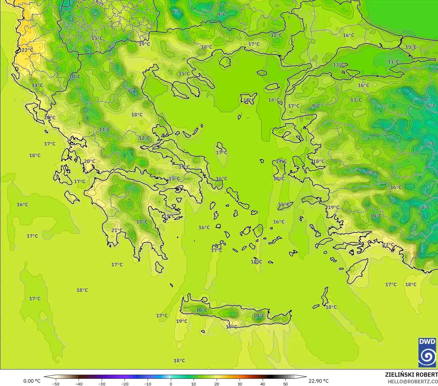 ICON modelo - Grecia, Temperatura a 2 m