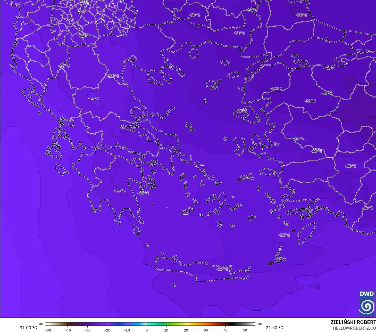 ICON modelo - Grecia, Temperatura a 500 hPa