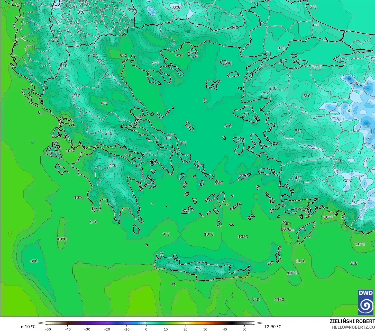 ICON modelo - Grecia, Temperatura a 850 hPa