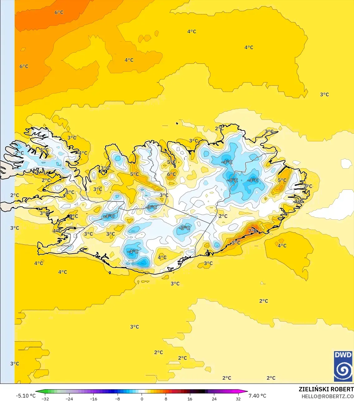 ICON modelo - Islandia, Anomalía de temperatura a 2 m