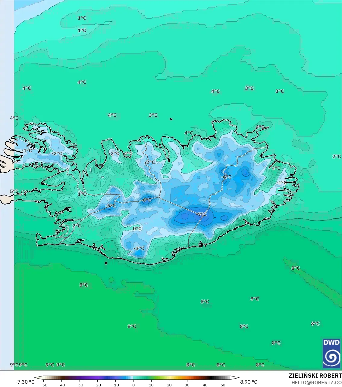 ICON modelo - Islandia, Temperatura a 2 m