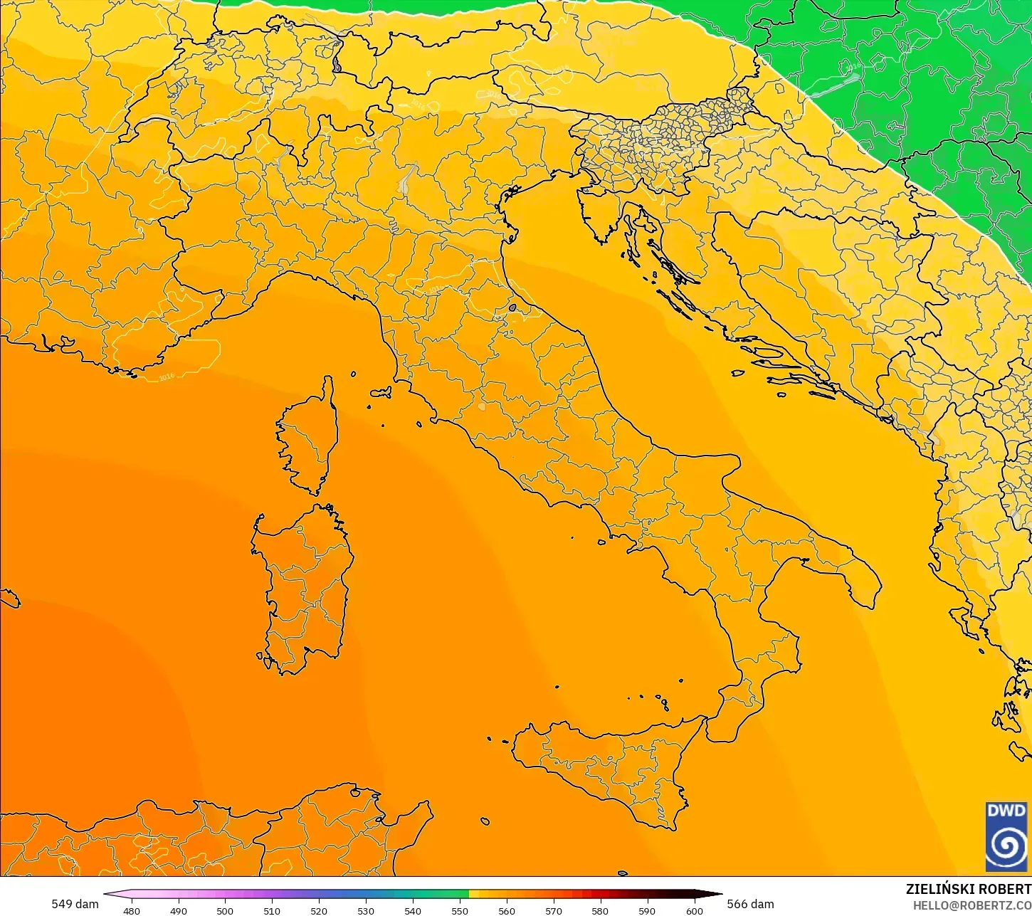 ICON modelo - Italia, Altura geopotencial a 500 hPa