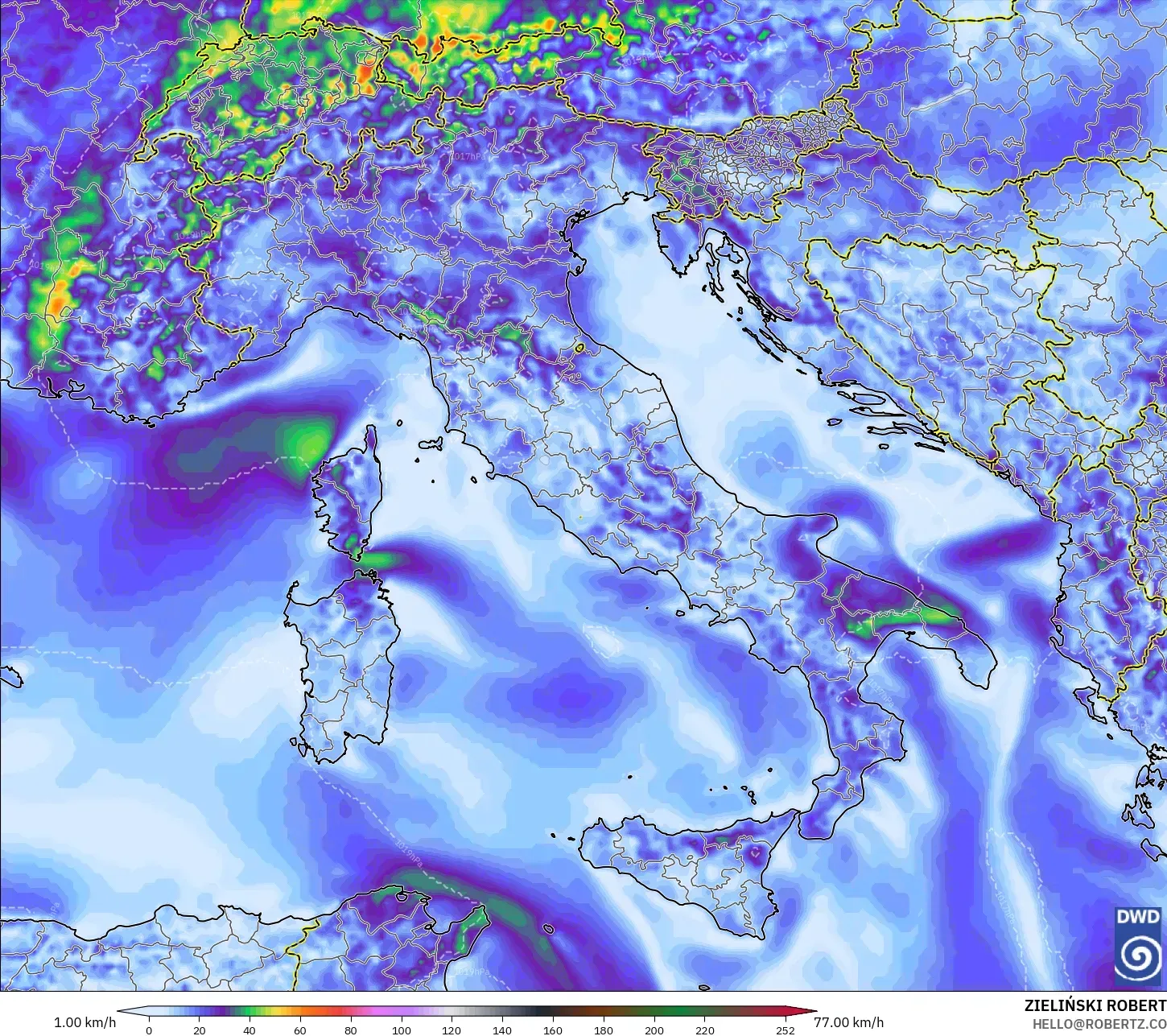 ICON modelo - Italia, Ráfagas de Viento Máximas