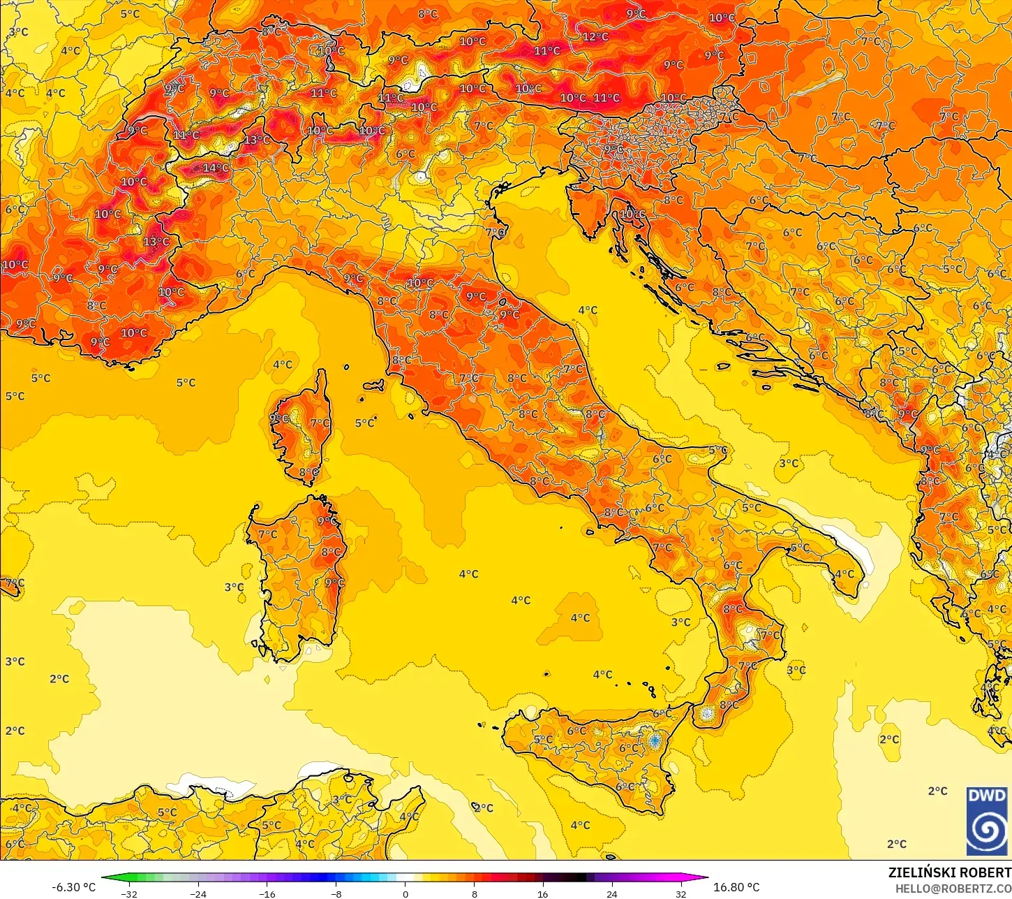 ICON modelo - Italia, Anomalía de temperatura a 2 m