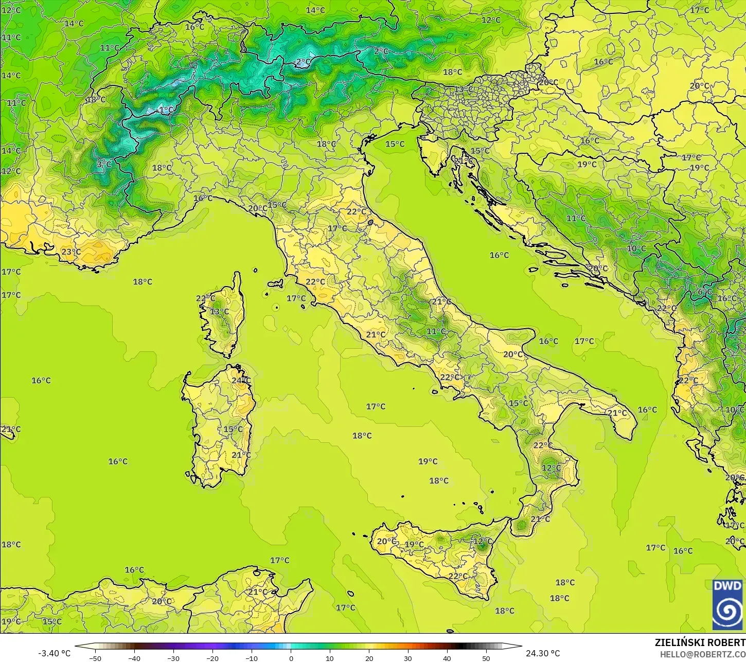 ICON modelo - Italia, Temperatura a 2 m