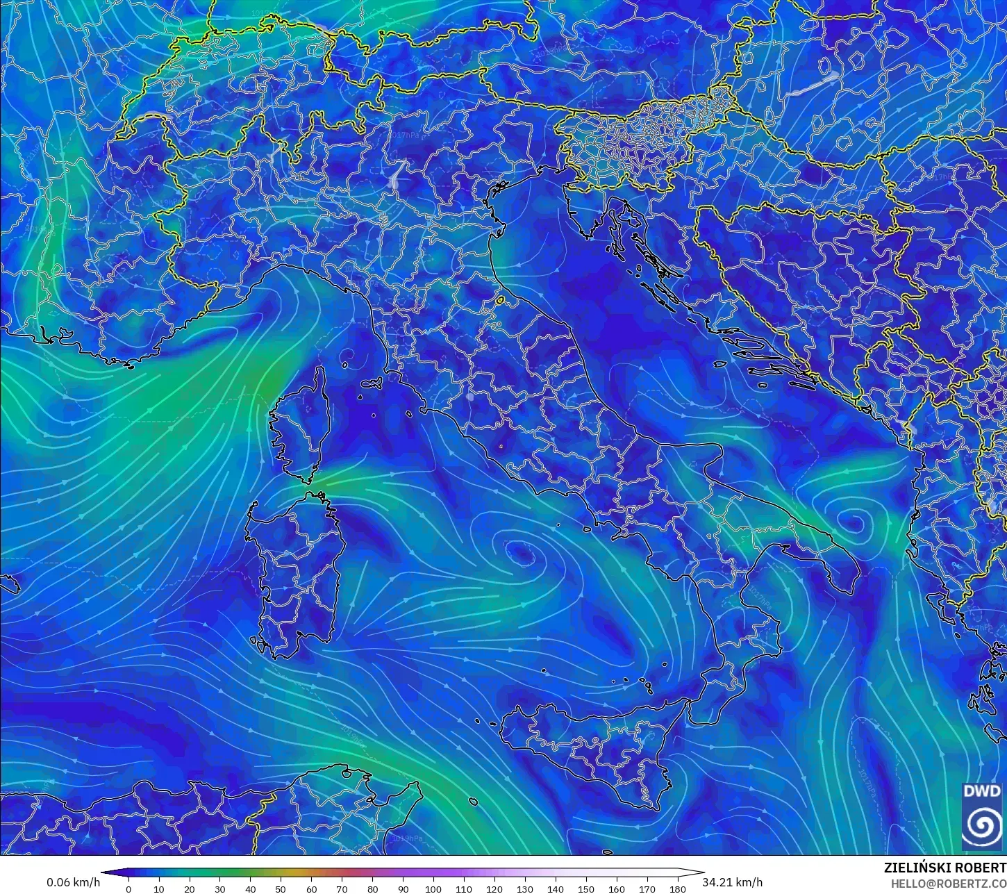 ICON modelo - Italia, Viento a 10 m
