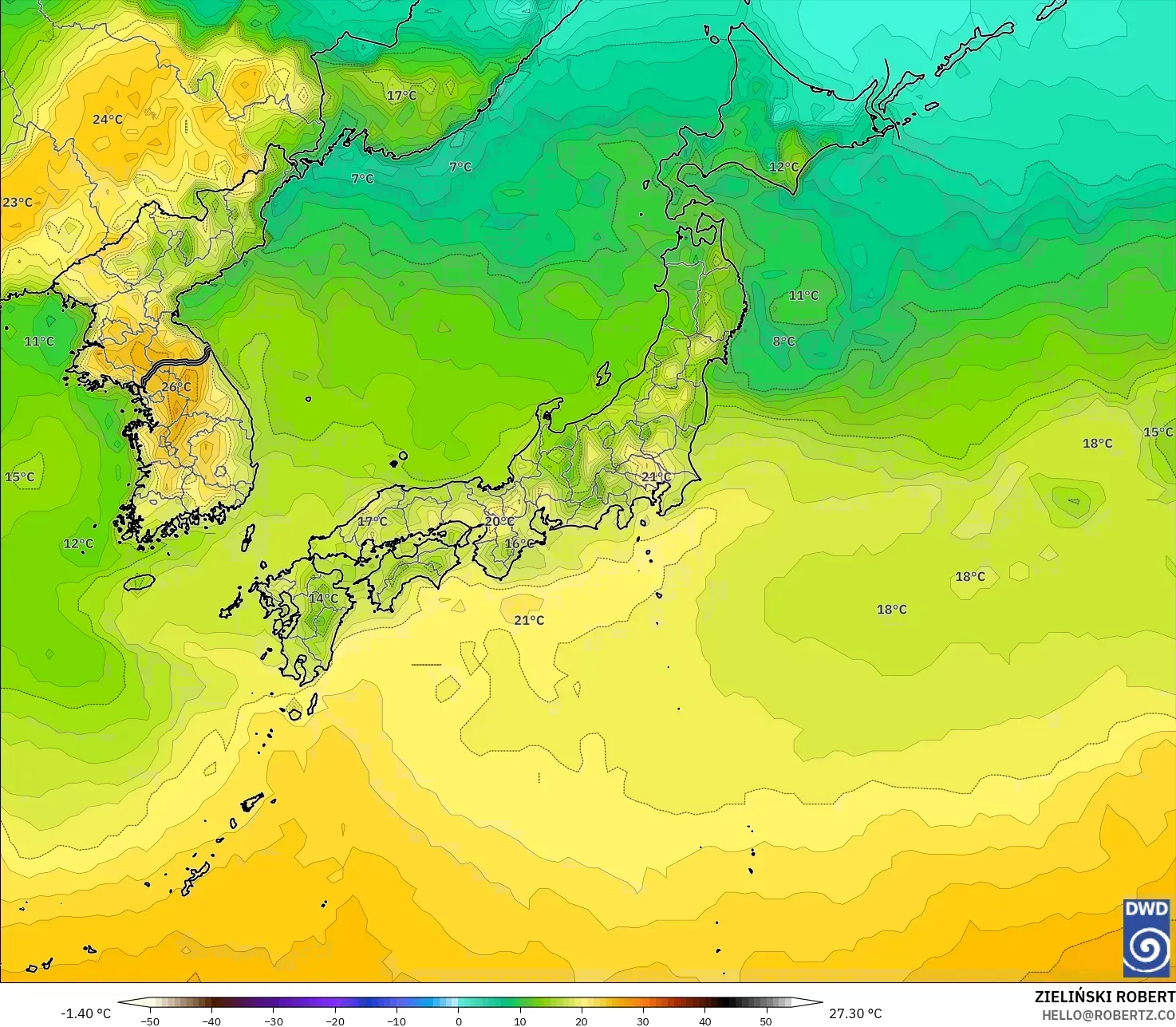 ICON modelo - Japón, Temperatura a 2 m