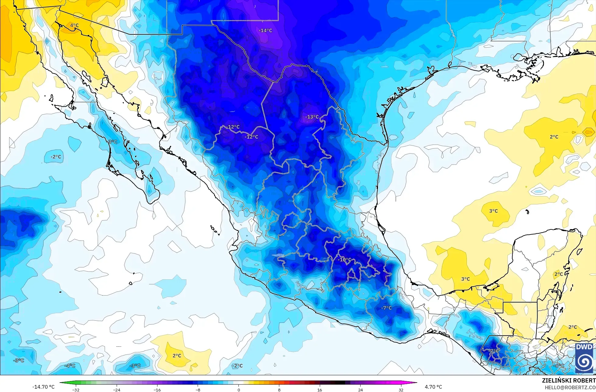 ICON modelo - México, Anomalía de temperatura a 850 hPa
