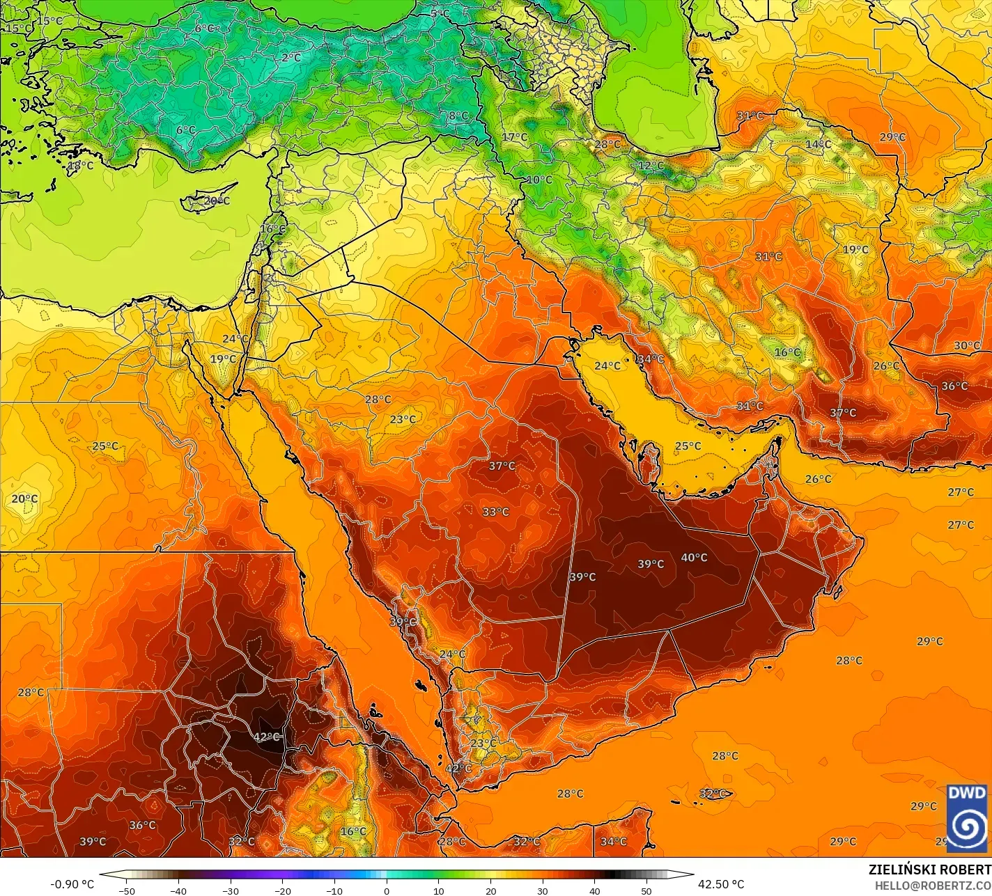 ICON modelo - Oriente Medio, Temperatura a 2 m
