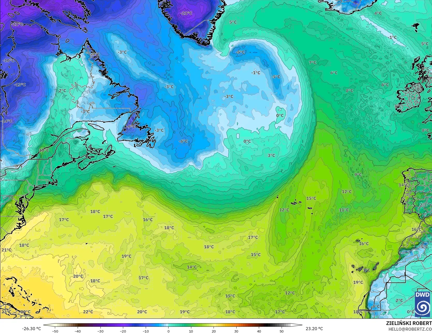 ICON modelo - Norte Atlántico, Punto de rocío a 2 m