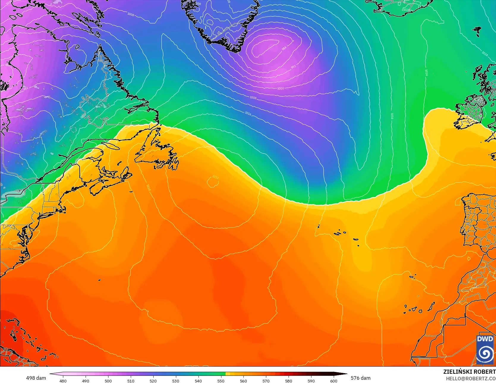 ICON modelo - Norte Atlántico, Altura geopotencial a 500 hPa