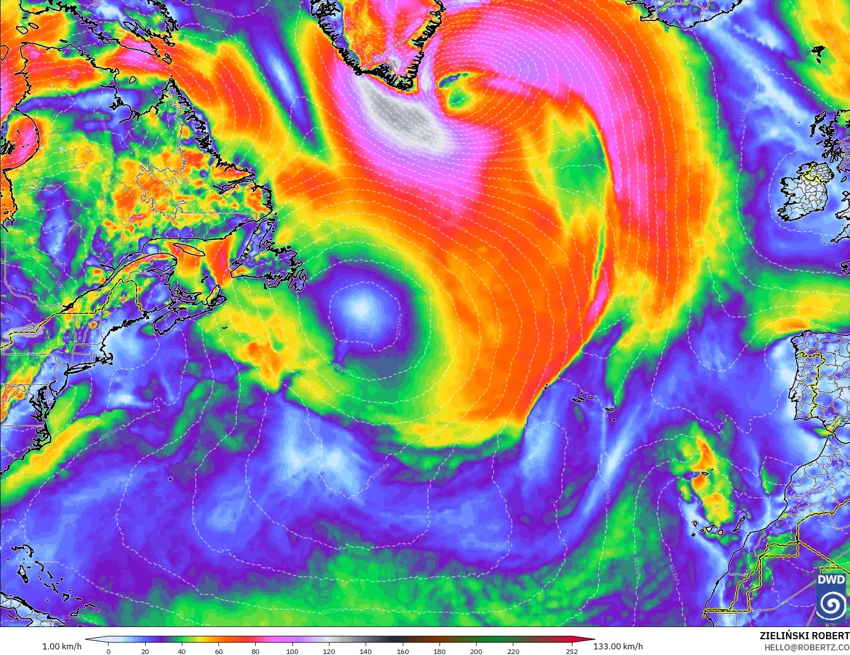 ICON modelo - Norte Atlántico, Ráfagas de Viento Máximas
