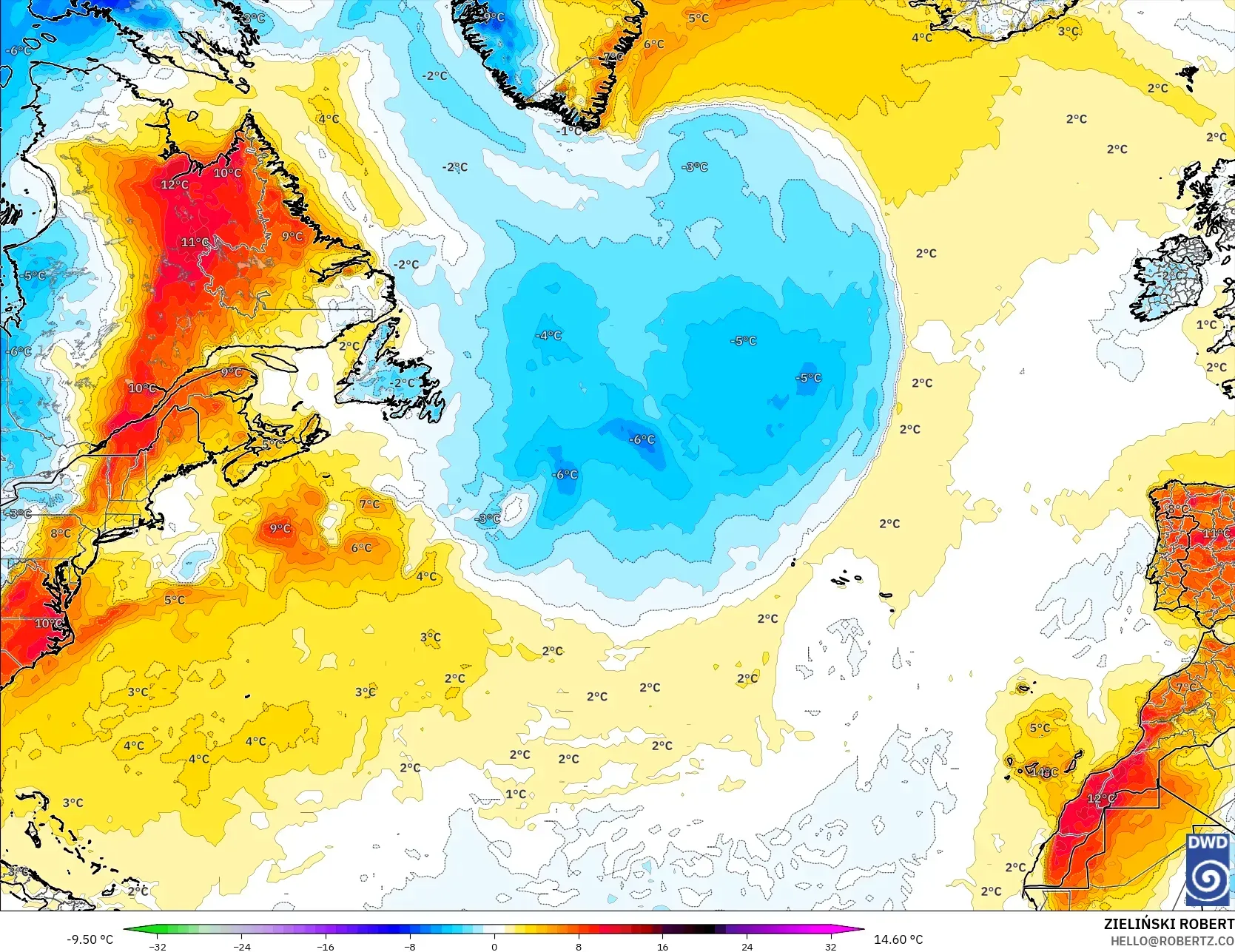 ICON modelo - Norte Atlántico, Anomalía de temperatura a 2 m
