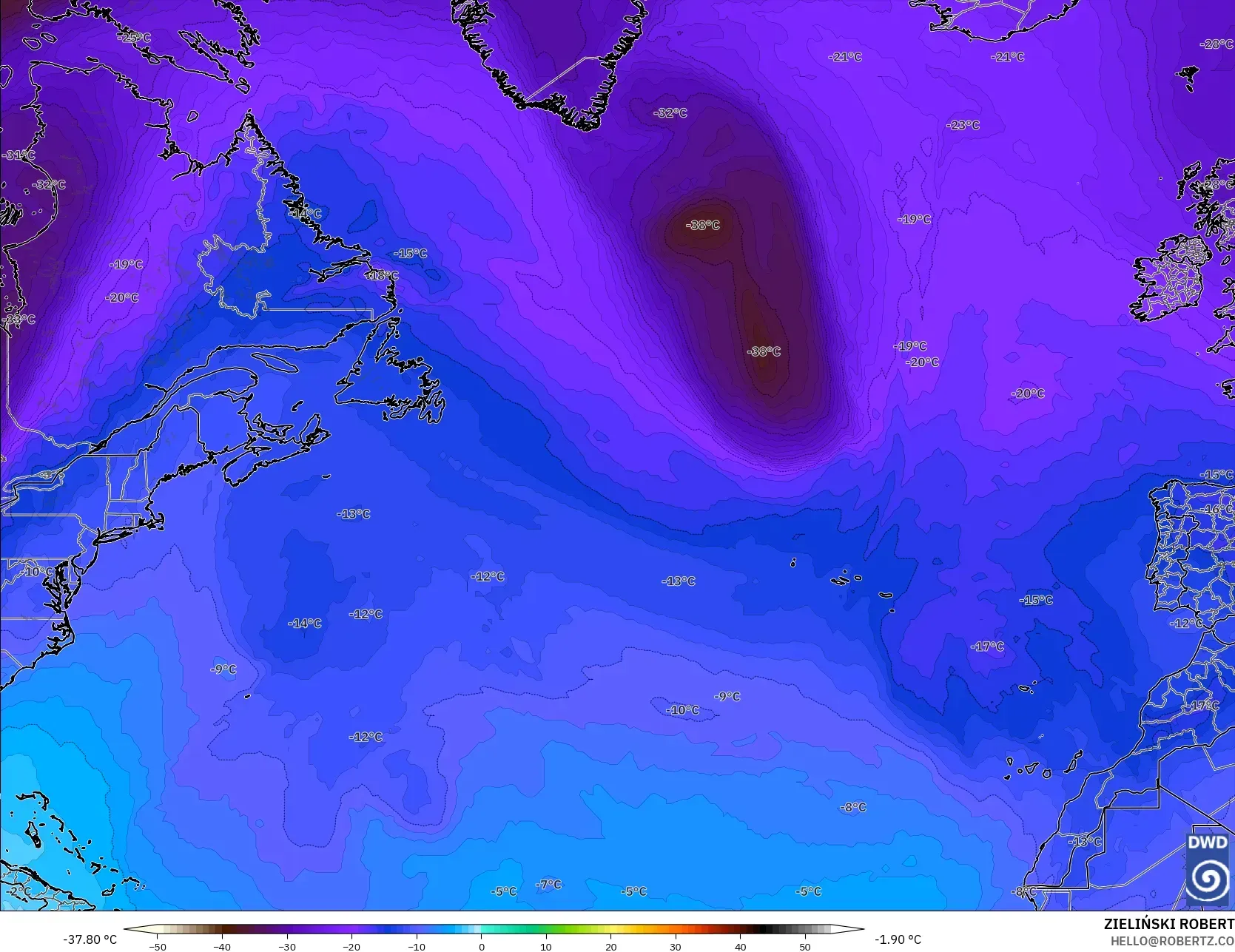 ICON modelo - Norte Atlántico, Temperatura a 500 hPa