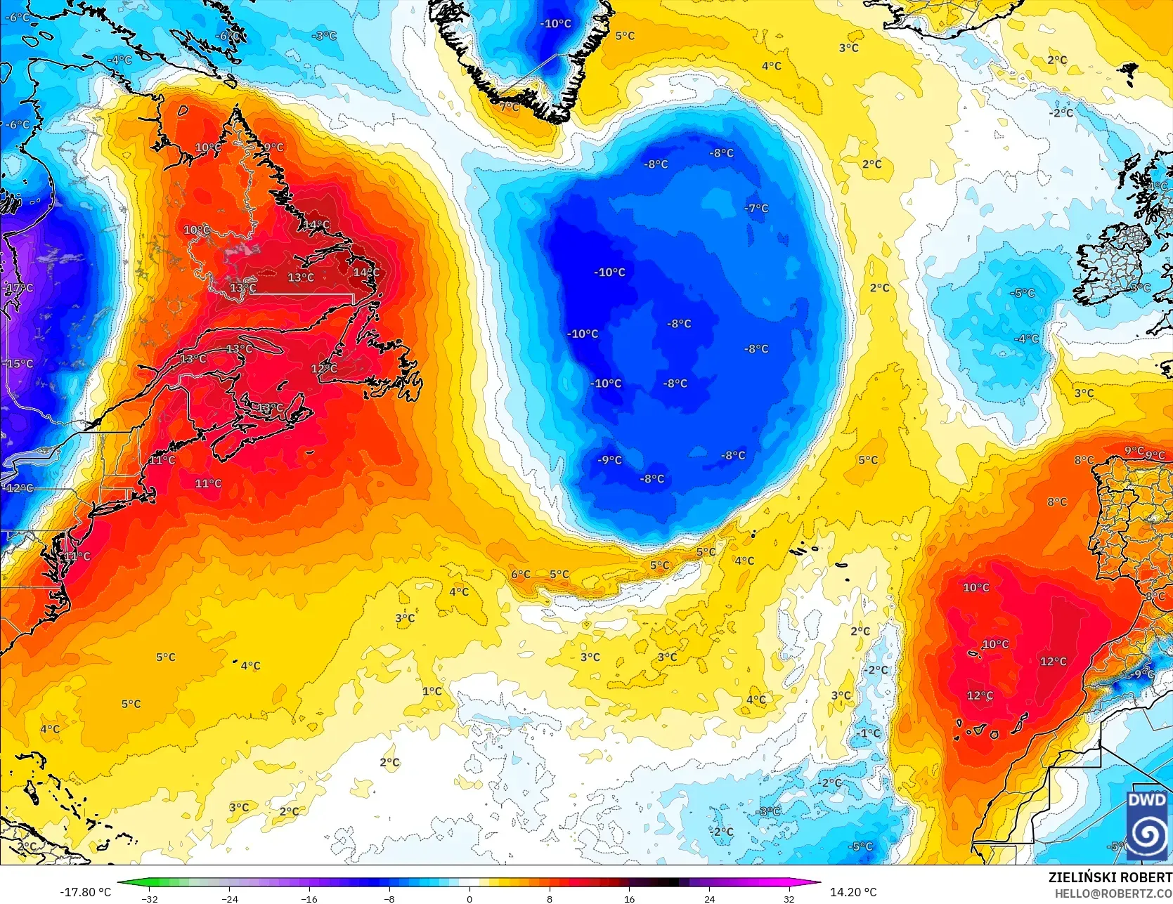 ICON modelo - Norte Atlántico, Anomalía de temperatura a 850 hPa