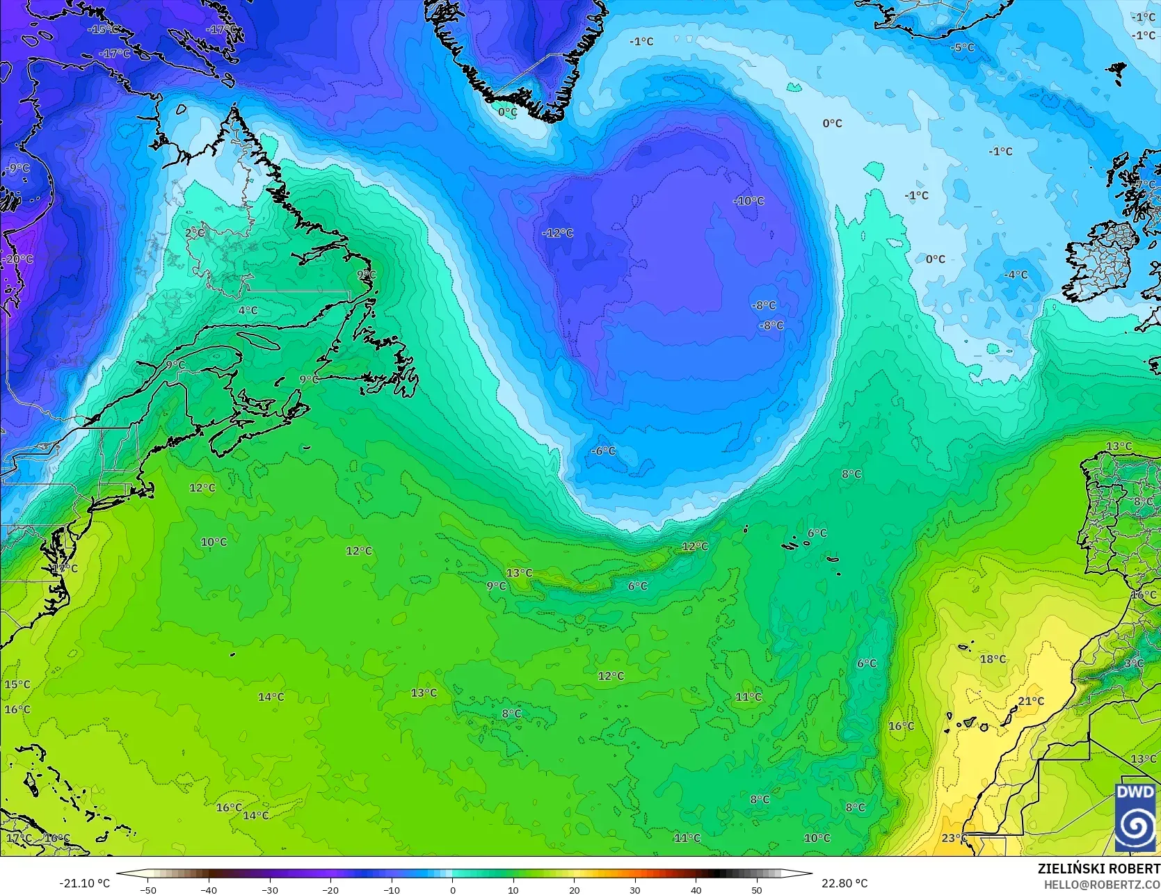ICON modelo - Norte Atlántico, Temperatura a 850 hPa