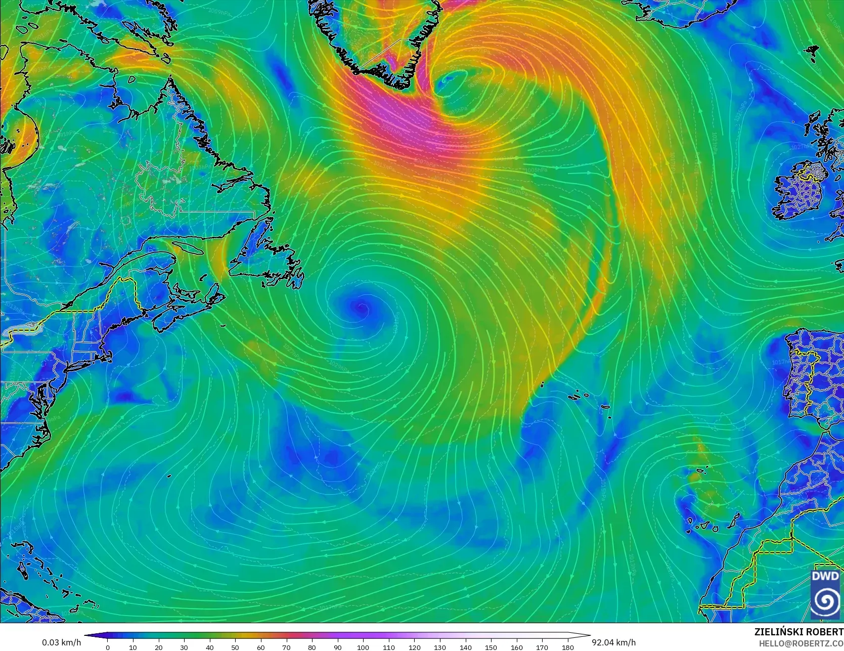 ICON modelo - Norte Atlántico, Viento a 10 m