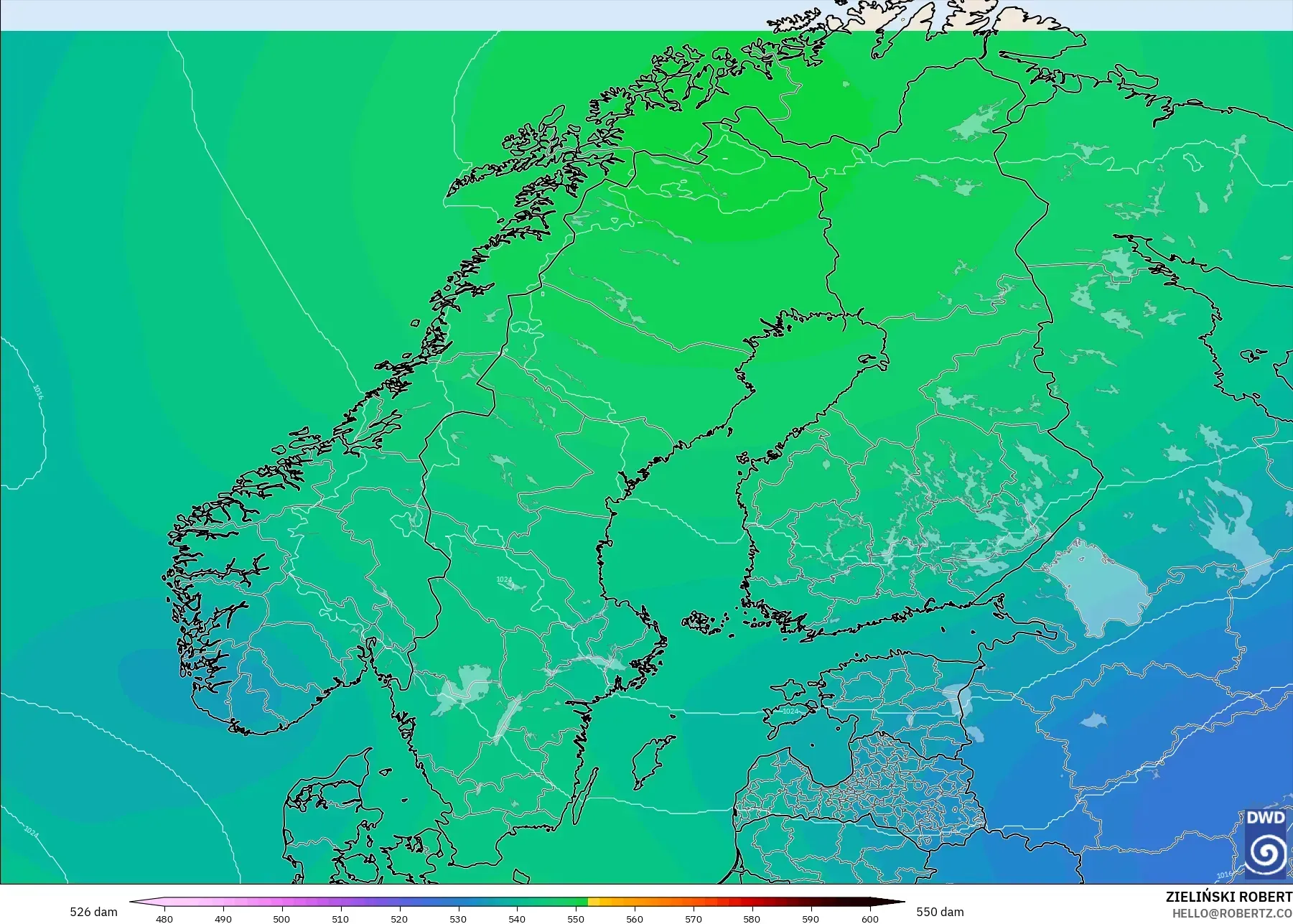 ICON modelo - Escandinavia, Altura geopotencial a 500 hPa