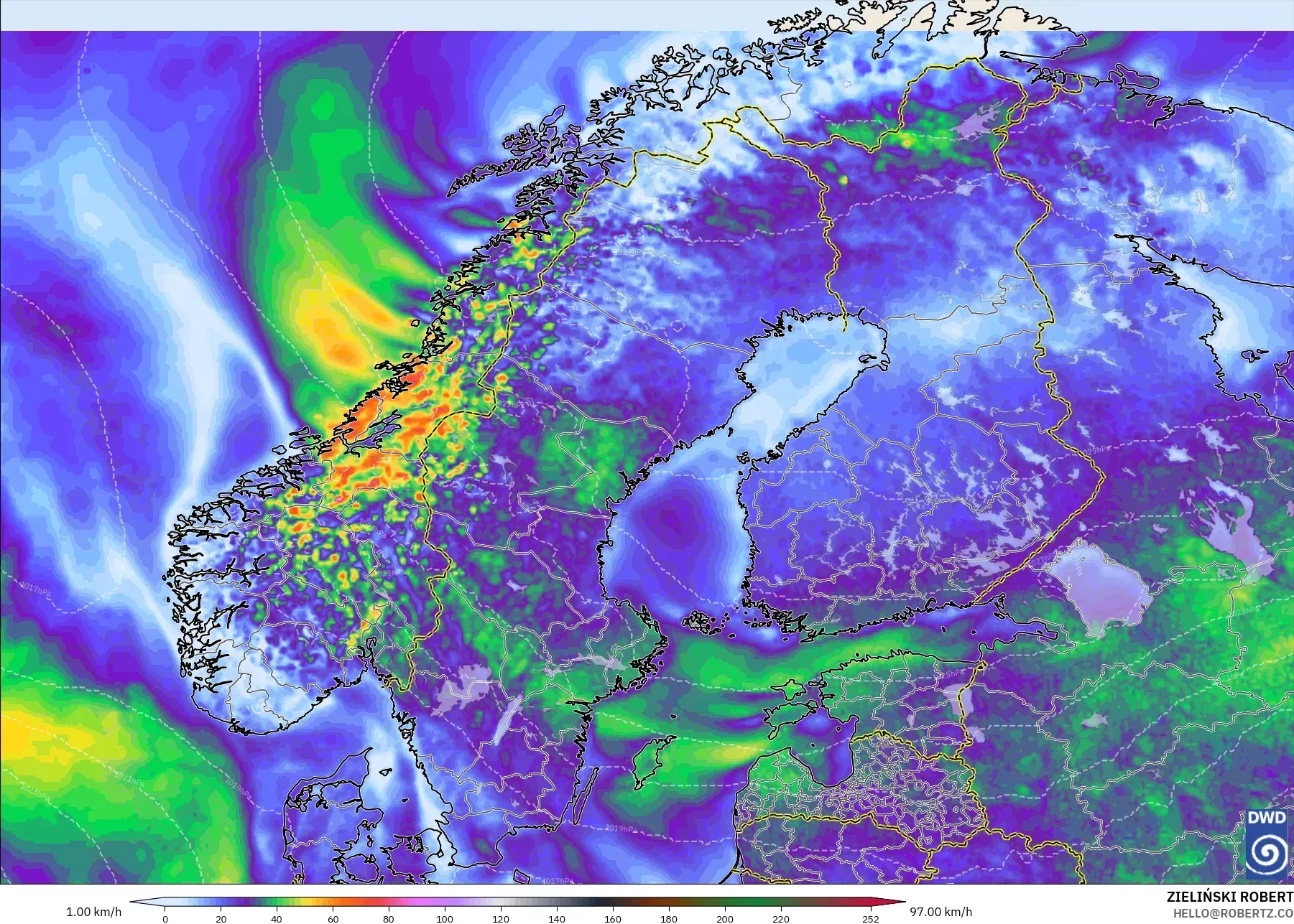 ICON modelo - Escandinavia, Ráfagas de Viento Máximas