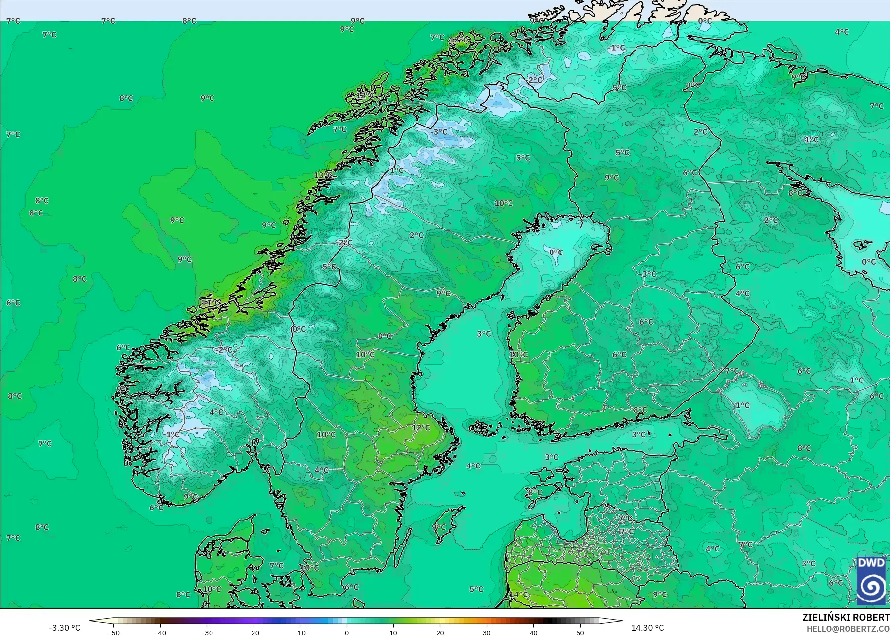 ICON modelo - Escandinavia, Temperatura a 2 m