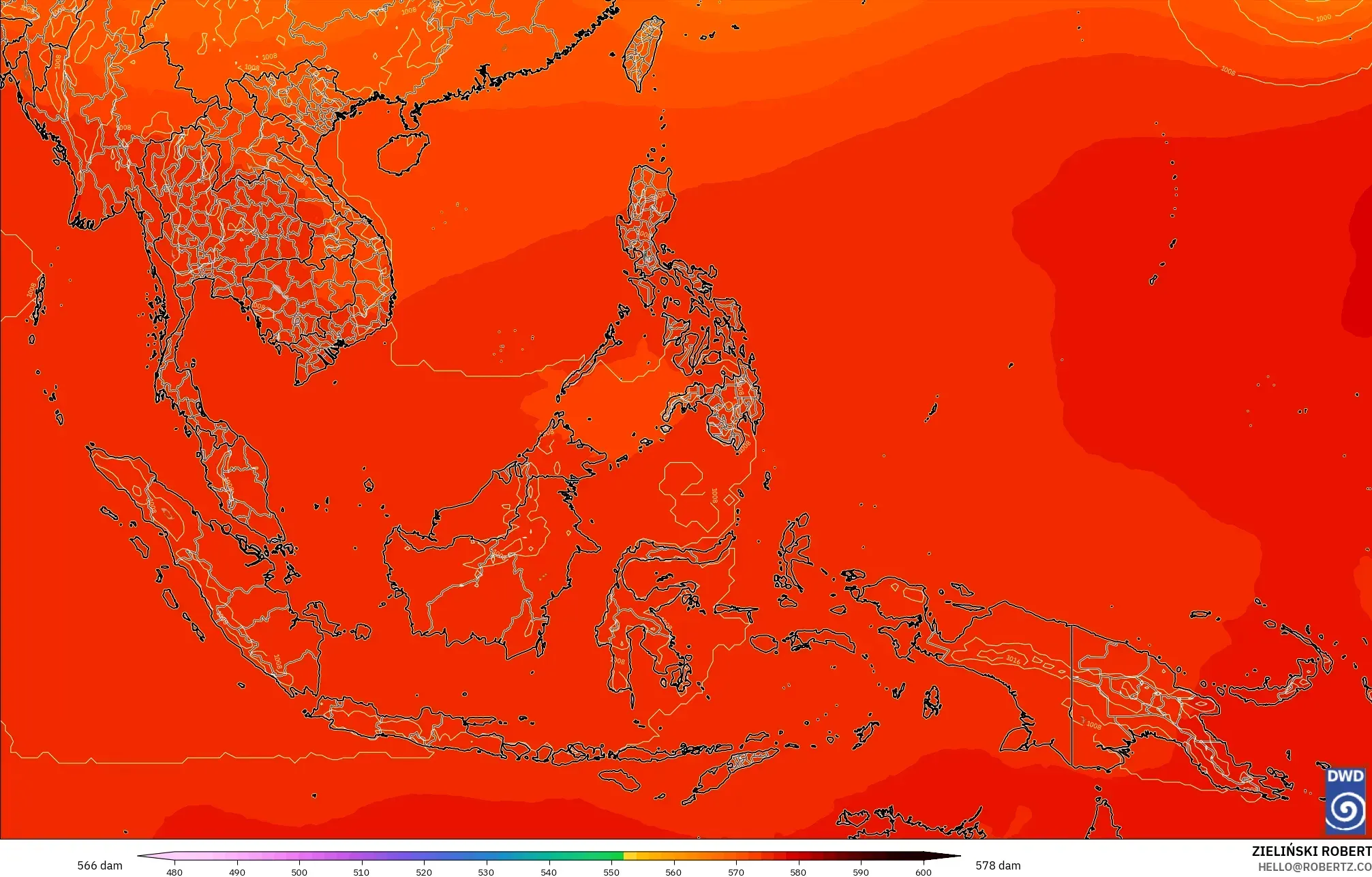 ICON modelo - Sudeste Asiático, Altura geopotencial a 500 hPa