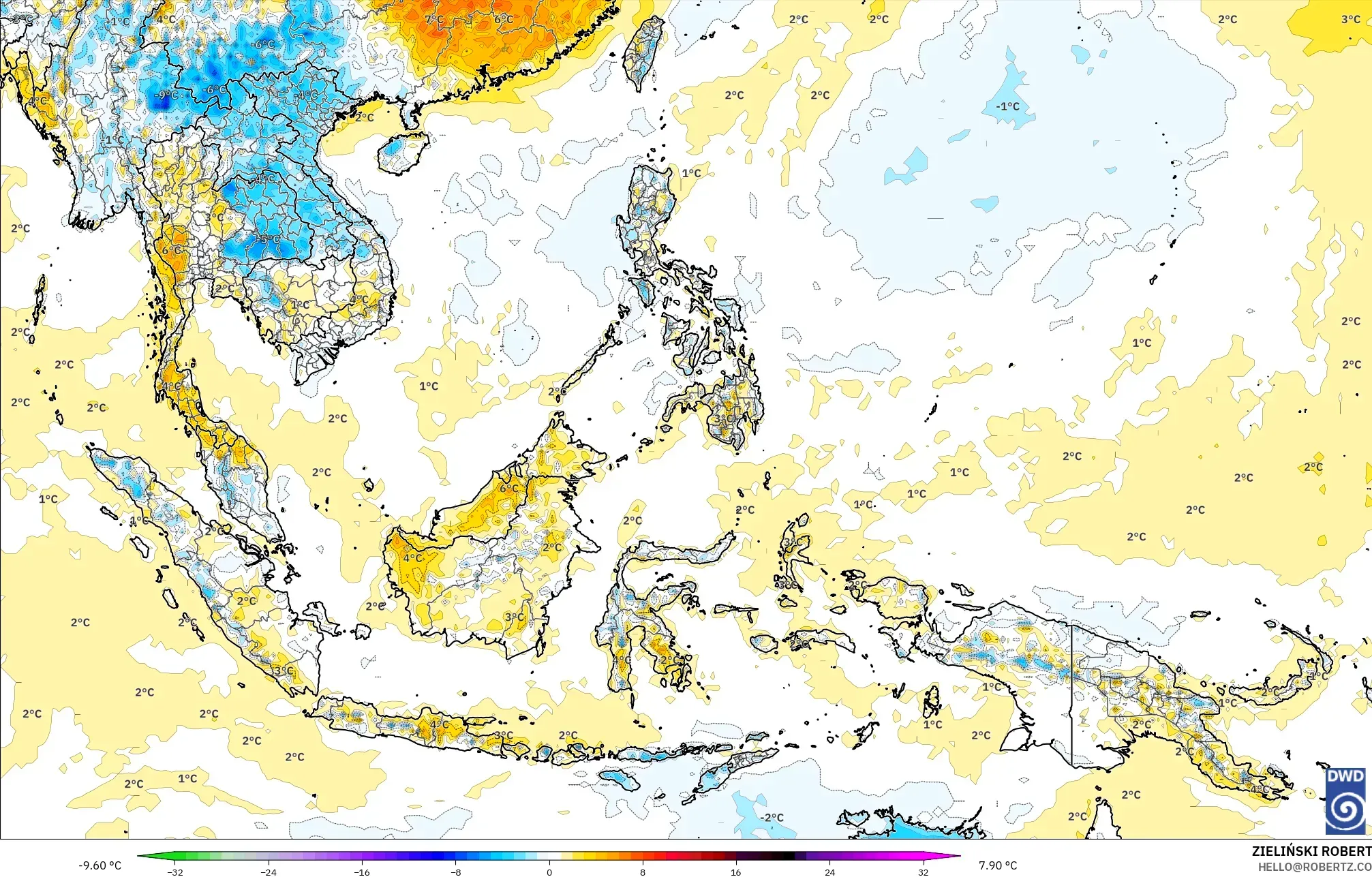 ICON modelo - Sudeste Asiático, Anomalía de temperatura a 2 m